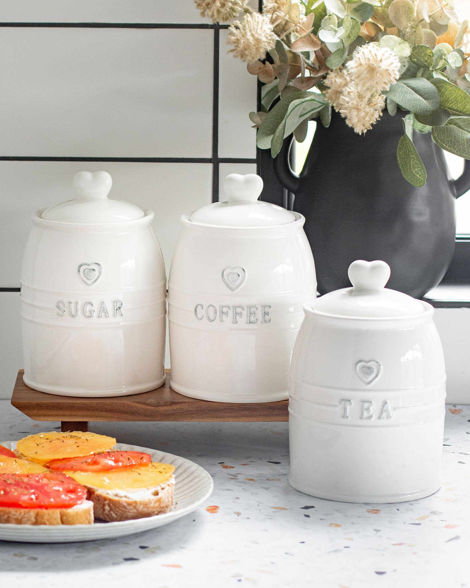 The House of Florence Ceramic Kitchen Canister Set, 3 Pieces, White with Heart Design, Tea Coffee Sugar Storage