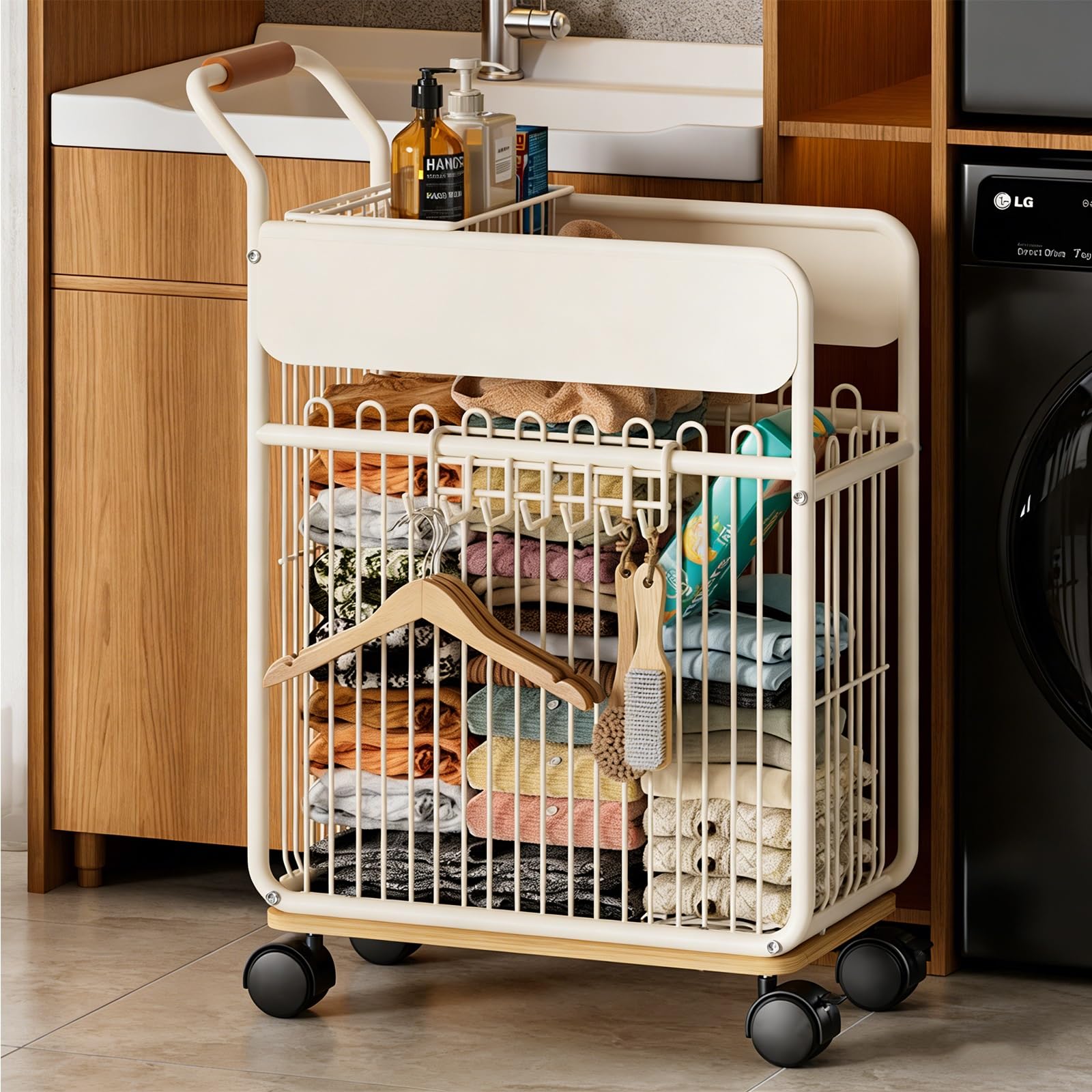 SFSLBFB Rolling Laundry Basket with Wheels, Multifunctional Storage Cart, Mobile Hamper with Hanging Baskets & Hooks for Bedroom, Living Room, Balcony