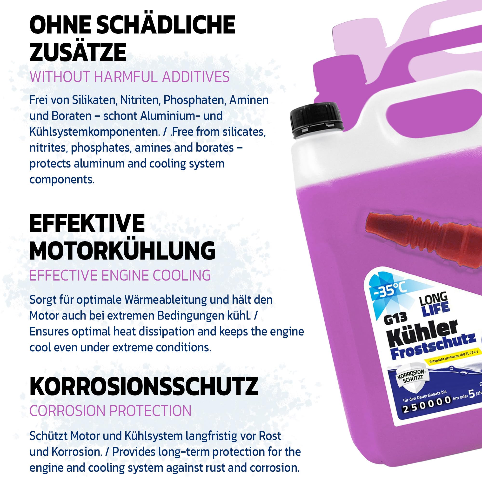 Gamix Wysokiej jakości chemikalia samochodowe | ochrona przed zamarzaniem chłodnicy G13 | płyn chłodzący 5 lat do -35°C | gotowy do użycia środek chłodzący do samochodu | 5 l (20 l)