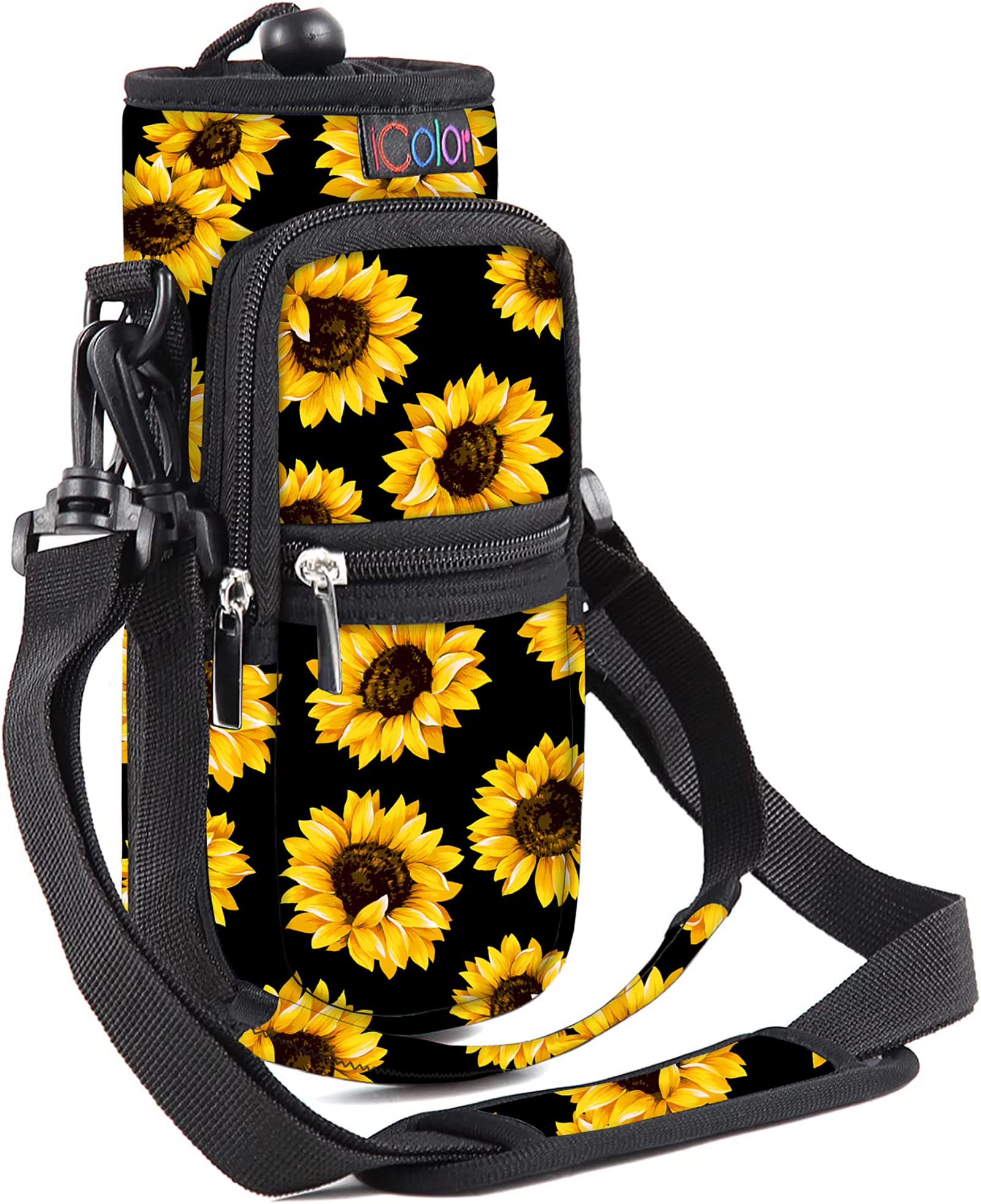 icolor Wide Mouth Water Bottle Holder Carrier w/Adjustable Padded Shoulder & Handle Strap Hiking Pack,Insulated Neoprene Bottle Bag Sleeve Cover (24oz(Diameter 3.22",Height 9.65"), YellowSunflower)