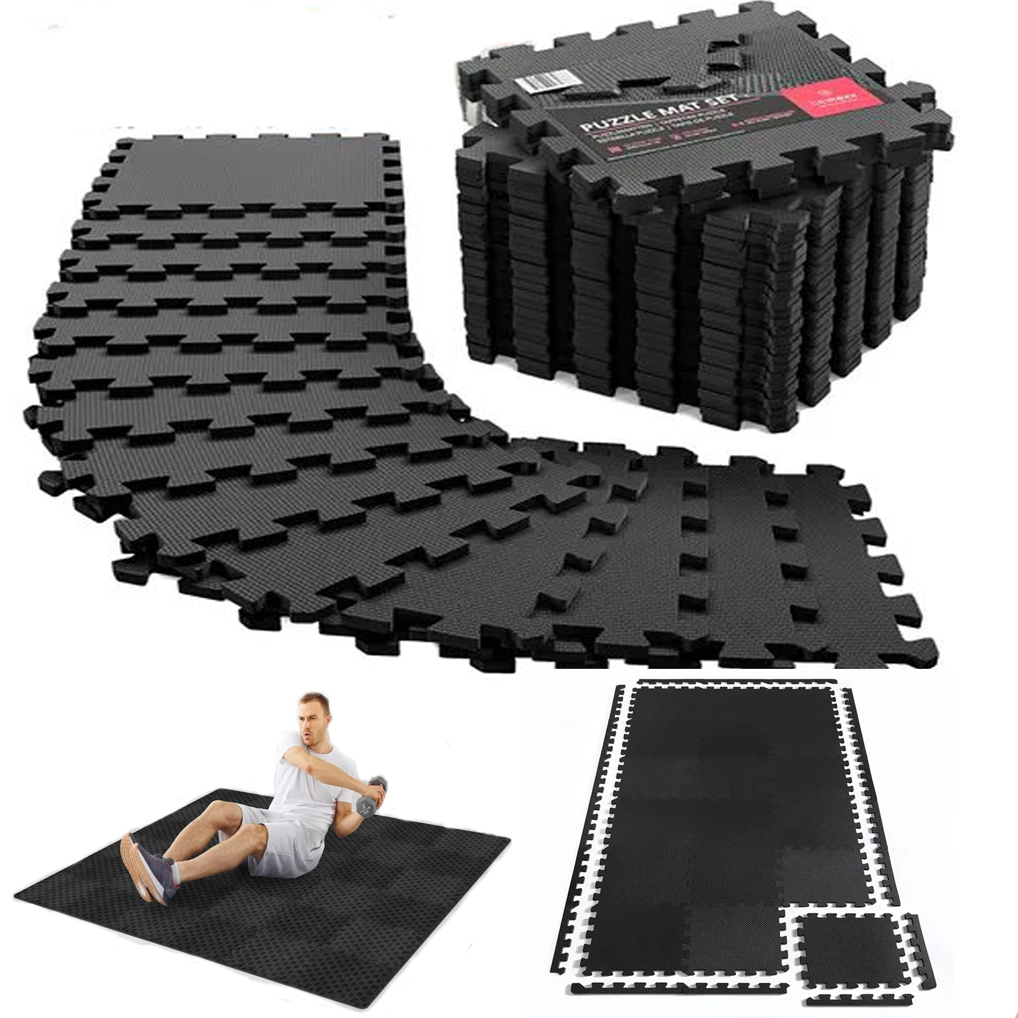 Tappeto Palestra, Tappeto Puzzle, Tappeto Gomma Antiscivolo, set x 18, Tappetino Fitness, Home Gym, Tatami Palestra, Tappeti, Pavimento Gommato Palestra, Tappetino Ginnastica (NERO)