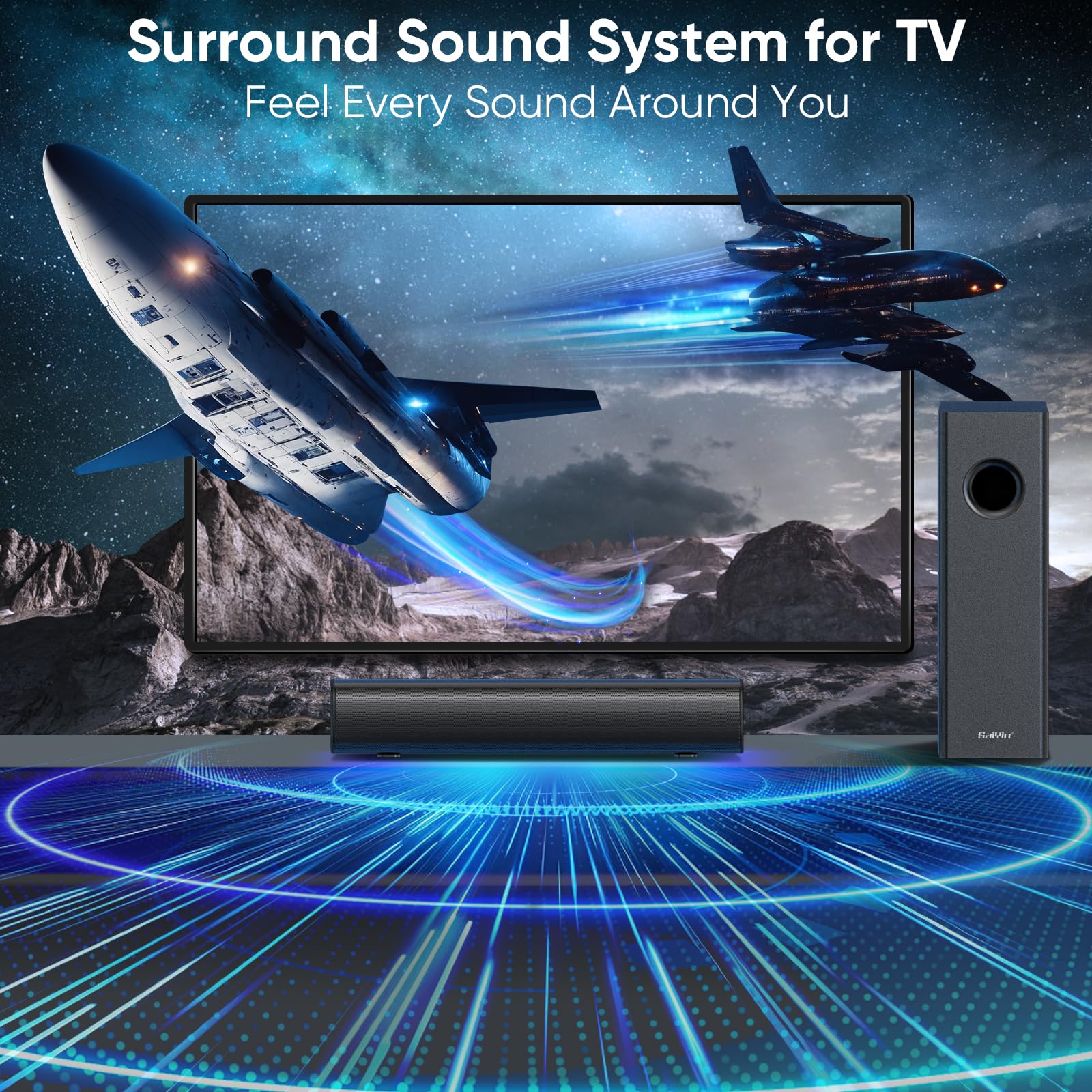 Saiyin Soundbar con subwoofer da 4", subwoofer con bordi arrotondati da 70 W e soundbar compatta per TV, sistema audio surround 2.1 migliorato per TV, connessione Bluetooth/ottica/AUX per TV/PC