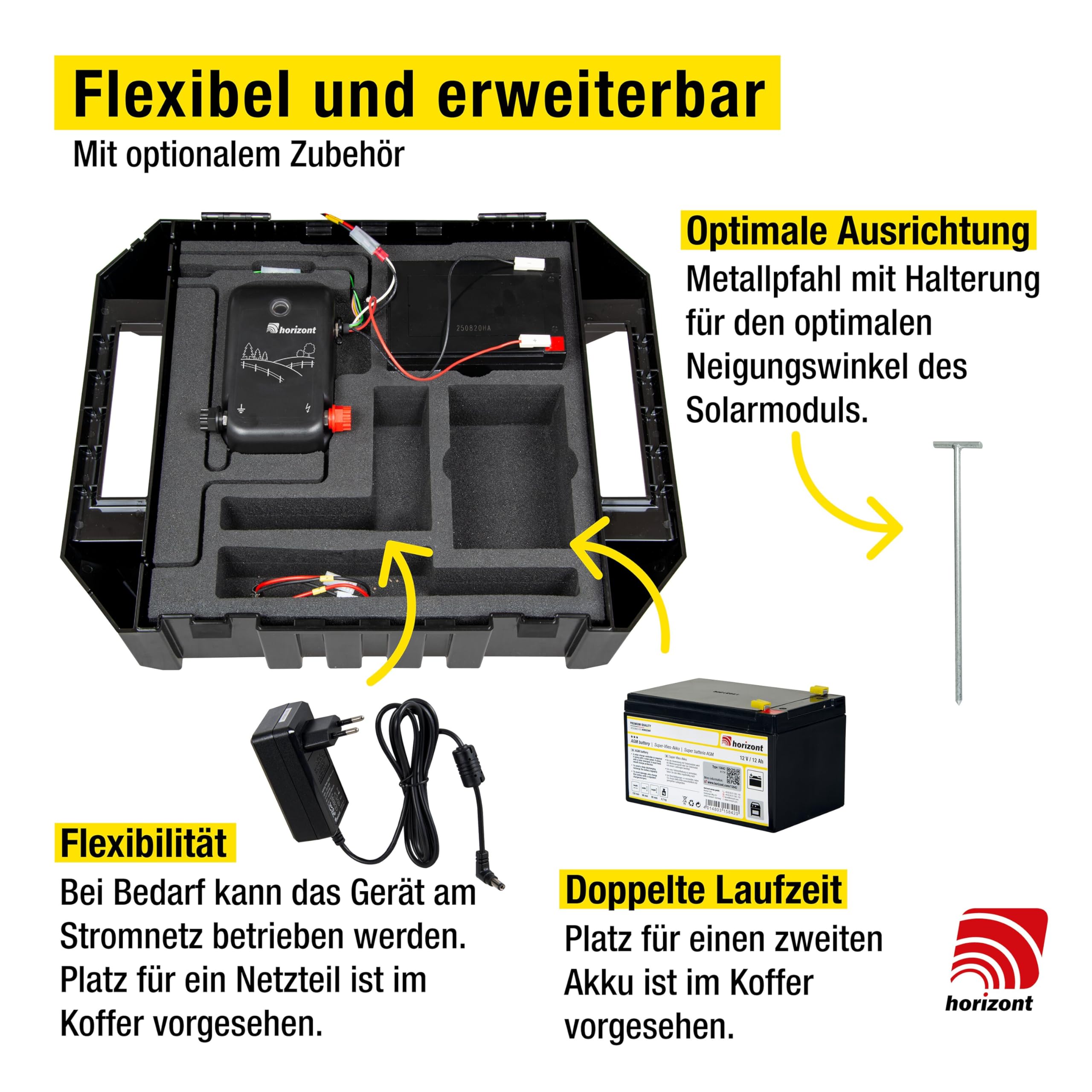 horizont Solar Weidezaungerät 12 V ranger ® AS1800SC - mit integriertem 15 W Solarpanel und 12 Ah Akku - für Zaunlängen bis zu 14 km oder 8 Elektronetze á 50 m, 11.800 V maximale Spannung