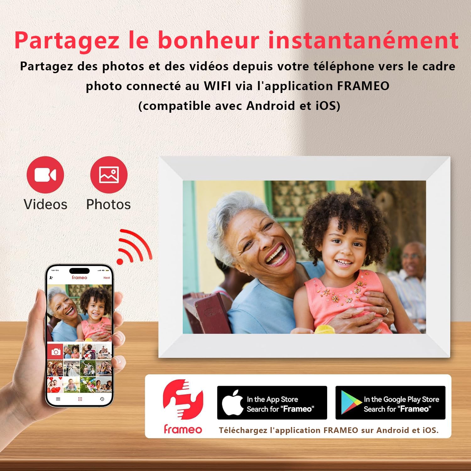 Frameo 32Go Cadre Photo Numérique WiFi 10,1 Pouces, Écran Tactile HD 1280x800 IPS pour Partager Photos et Vidéos, Support Multilingue, Rotation Automatique, Montage Mural (Blanc)