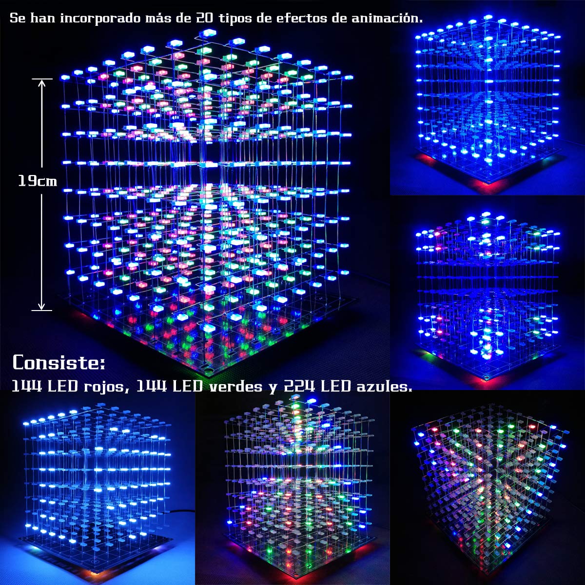 3D Led Cube Kit Diy Soldering Project 8x8x8 Led Light Cube Diy Kits electrónicos Kit de aprendizaje de soldadura programable (3D8S-MULTI)