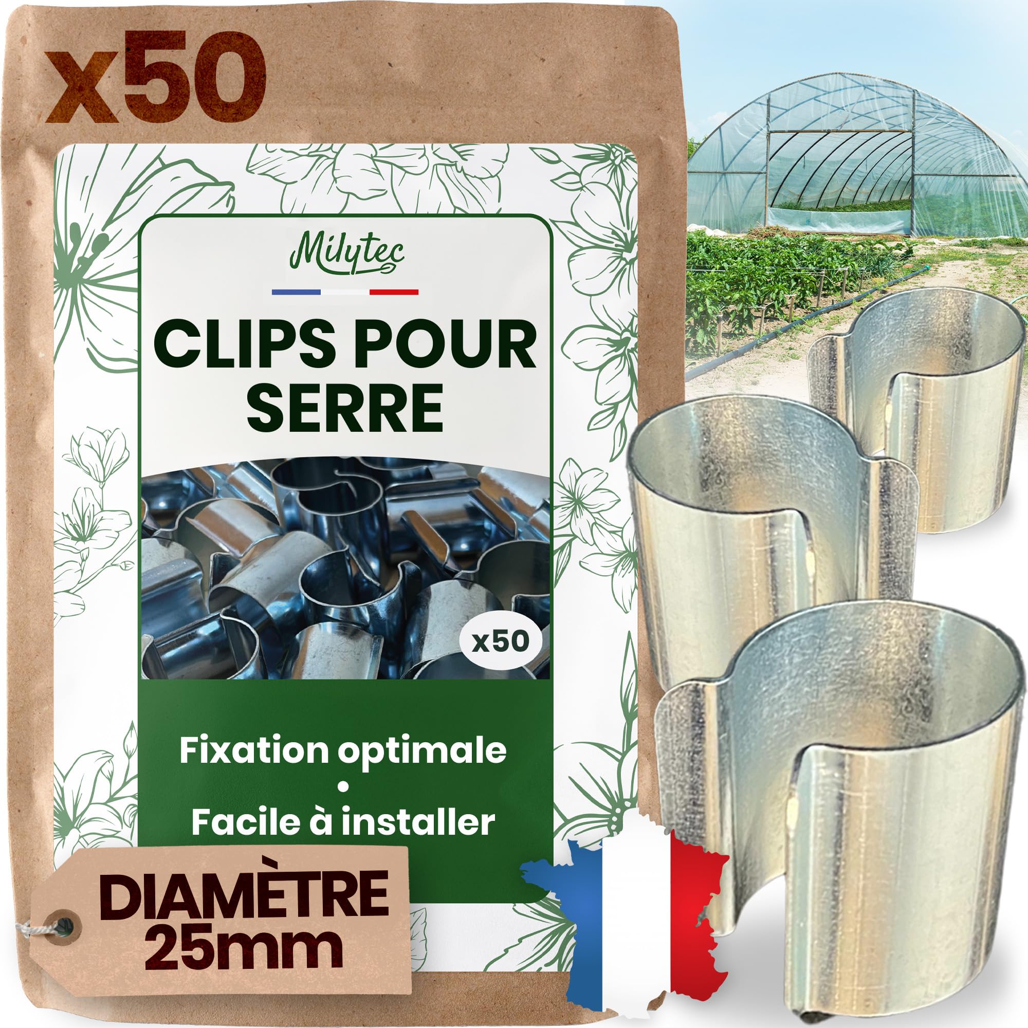 Clips pour Serre 25 mm Acier Galvanisé Lot de 50 Fixation Métal Bâche Tunnel
