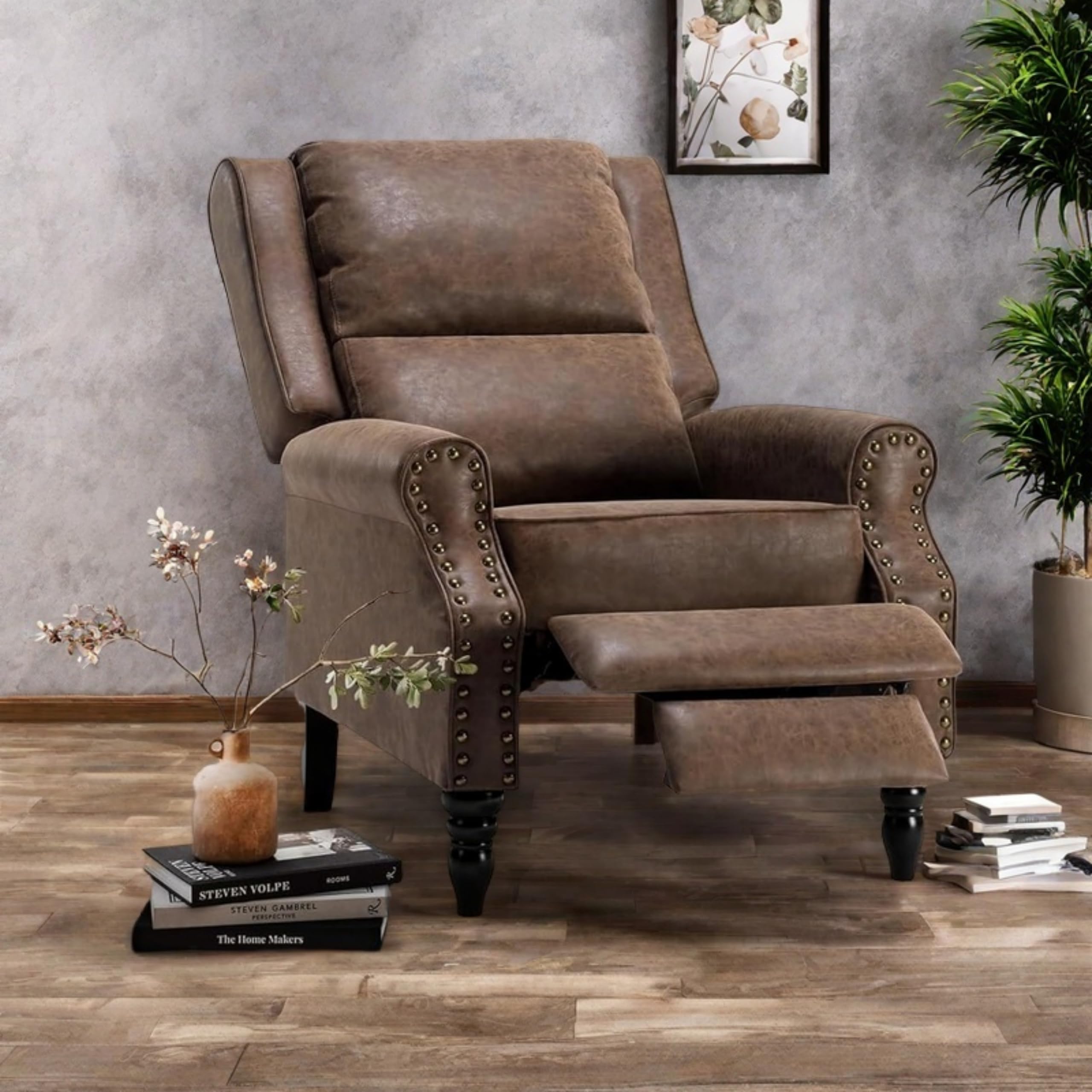Leather Recliner Chair, Pushback Recliner Chair with Adjustable Backrest Footrest, Mid Modern Reclining Chair with Overstuffed Arms Lumbar Support for Reading, Living Room, Drak Brown