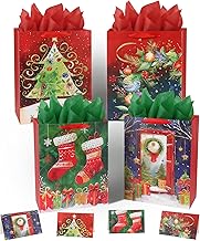 HRX Package 4Pcs Christmas Paper Bags with Ribbon Handles, Xmas Gift Bags with 8Pcs Tissue Papers and 4Pcs Cards, Gift Bag for Presents, Decoration and Christmas Party