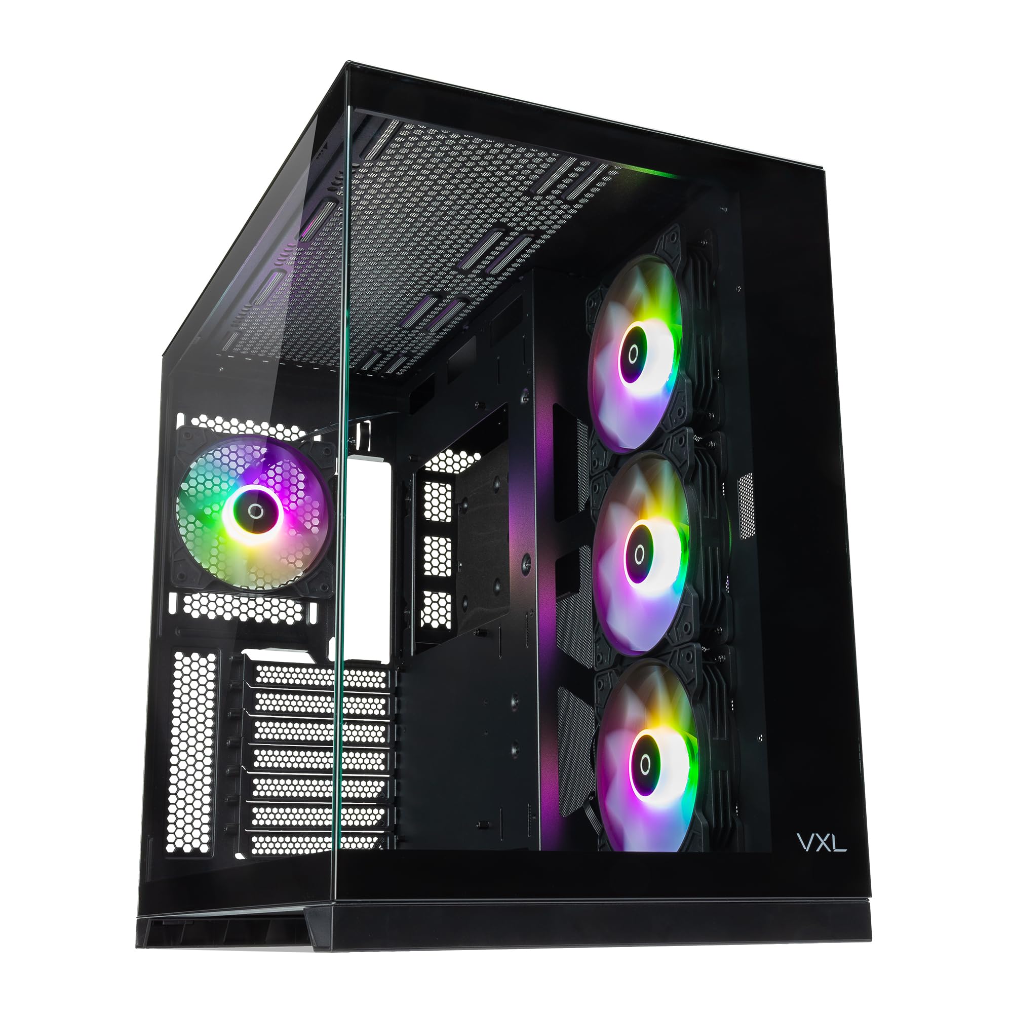 VXL EVO Dual Chamber TG Infinity View Case, w/4 x (3 x Reverse Bladed) ARGB Fans (Black) Securable TG Panels Daisy Chain/Motherboard connector for Sync