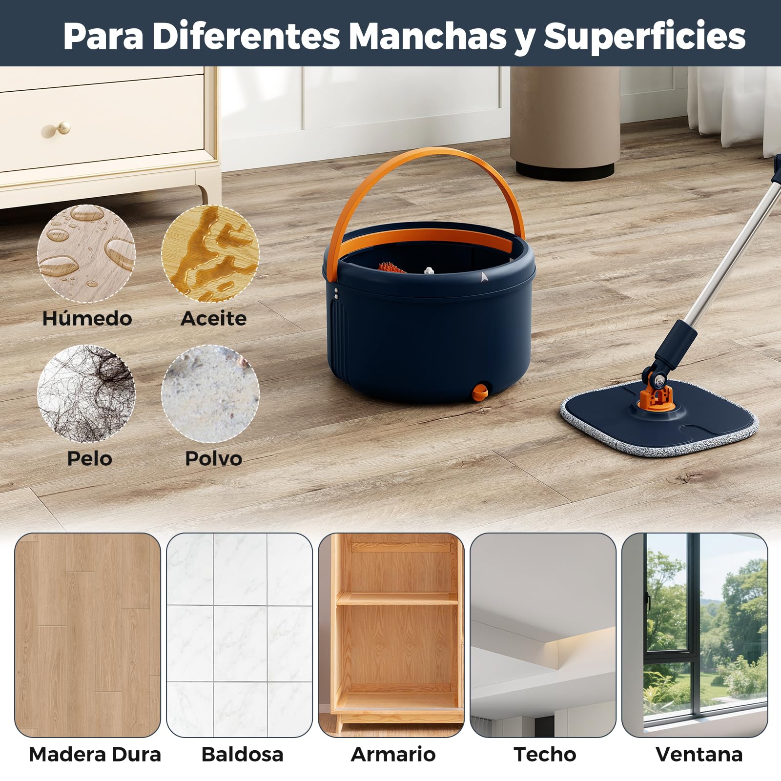 COSTWAY Set de Mopa y Cubo con Escurridor, Fregona y Cubo para Suelo con Cabezales de Mopa, Sistema de Limpieza de Suelos para Uso en Húmedo y en Seco, Cabezal Cuadrado Giratorio de 360°, Azul Marino