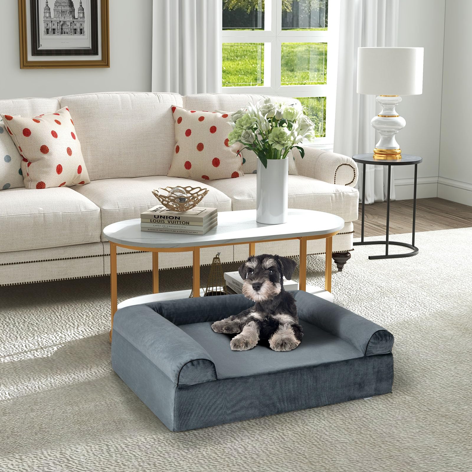 COSTWAY Letto Ortopedico per Cani, Cuccia per Animali in Schiuma di Memoria con Poggiatesta, Copertura Rimovibile e Fondo Antiscivolo per Cani Anziani, 102 x 82 x 30,5 cm