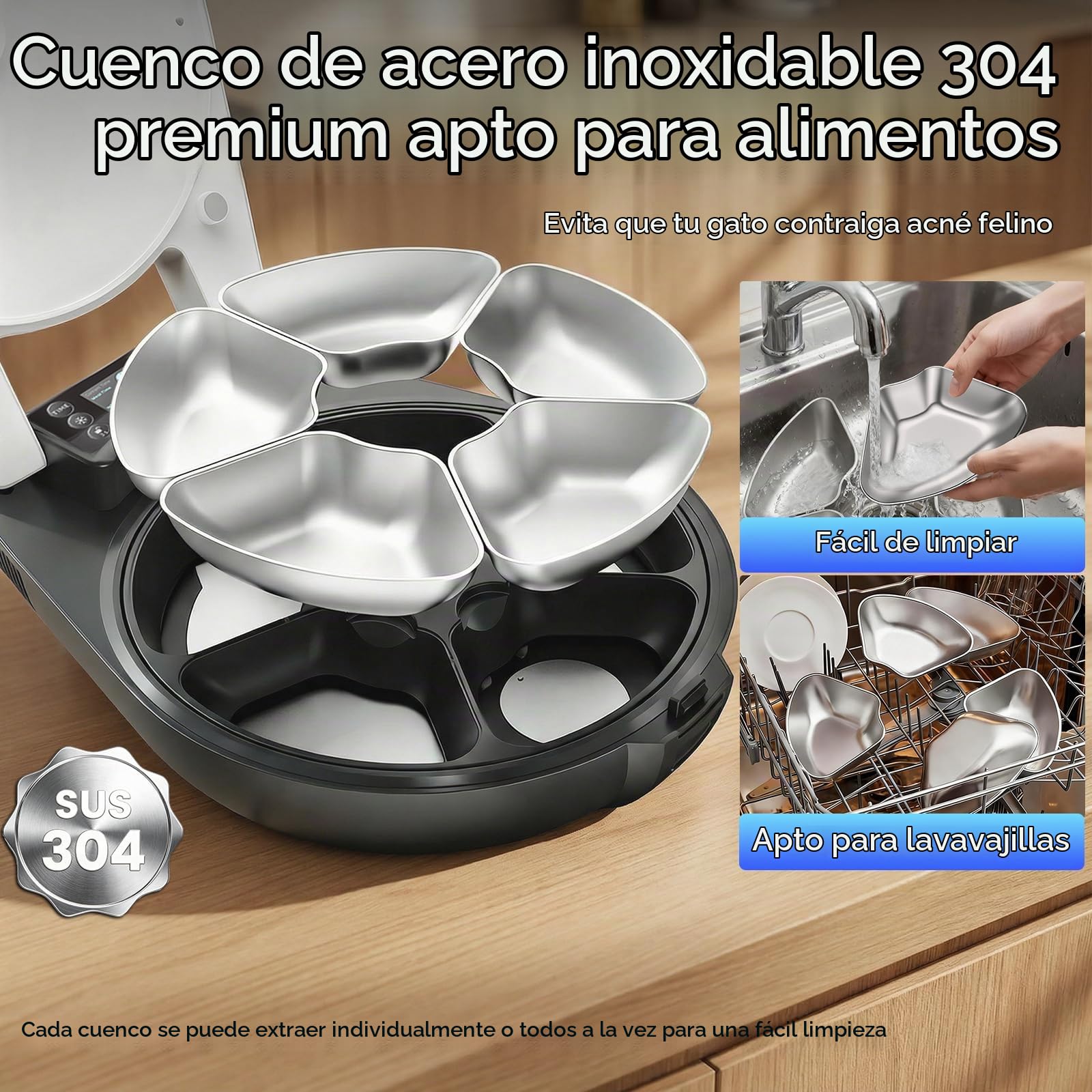 Comedero Gato Automatico Comida Humeda, 5 Comidas Frescas para 3 DíAs, Sistema De Refrigeración Y Calefacción por Semiconductores, Recipiente de Acero Inoxidable 304, Dispensador Programable Gatos