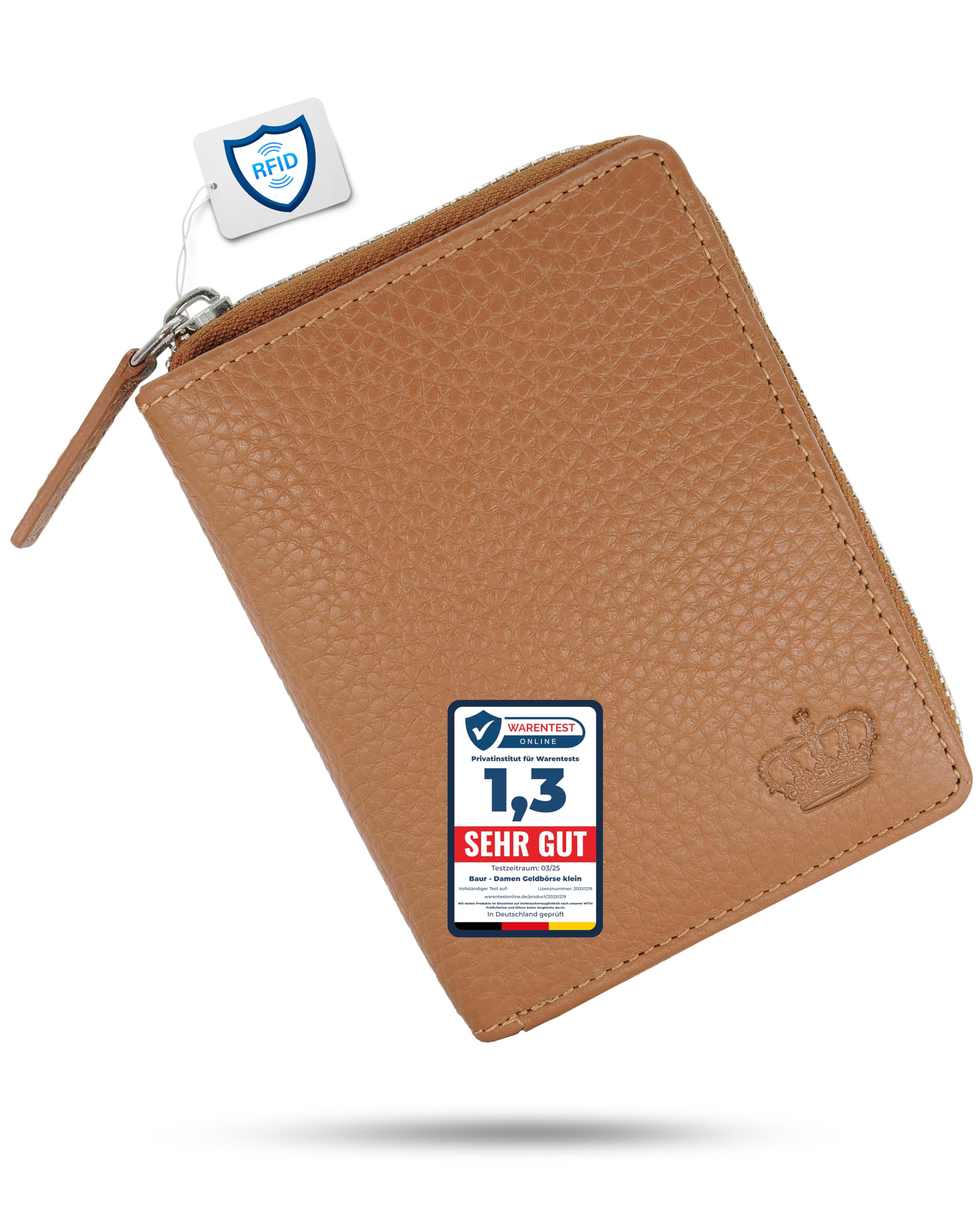 Baur Damen Geldbörse – Echtes Leder mit RFID-Schutz – Kleines Portemonnaie mit 6 Kartenfächern – Druckknopfverschluss & Münzfach mit Reißverschluss (Cognac)