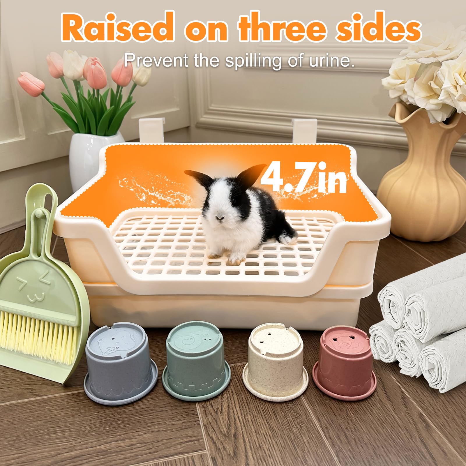 Large Rabbit Litter Box w/Plastic Grid & Dump Tray-Bunny Litter Pan Small Animal Potty Toilet - Pet Bunny Supplies Rabbit Cage Accessories for Training Corner Litter Box (Cream) - image 3