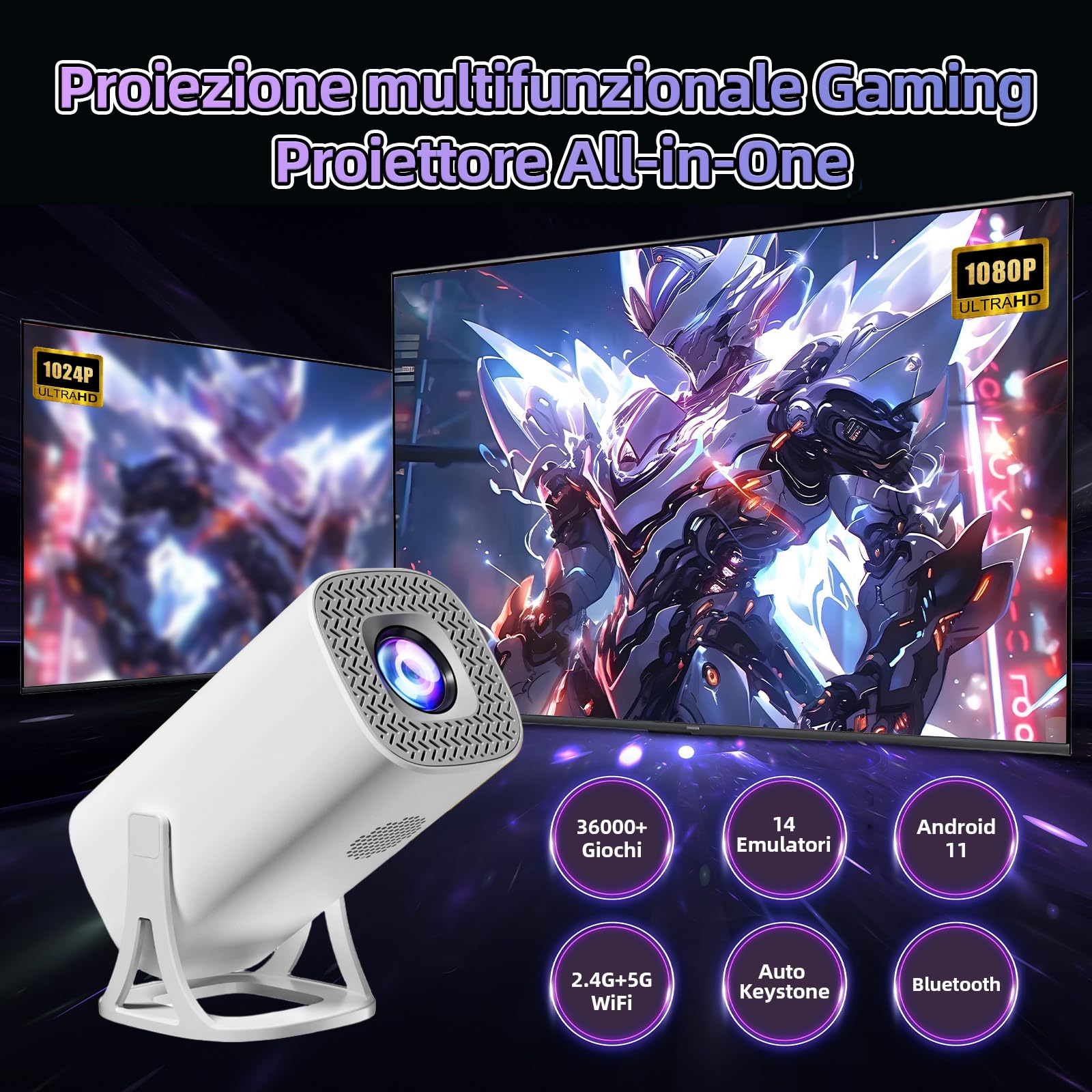 S40 Max Proiettore intelligente,36000+ giochi,14 emulatori,WiFi 2,4G+5G e Bluetooth Mini proiettore portatile,proiettori da gioco con 2 controller wireless,Android 11 per home cinema e uso all'aperto