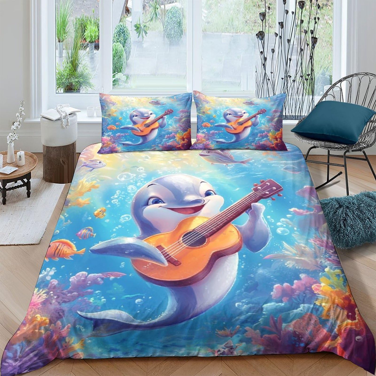 Ctjqhvkz Style-3 3D Printed Dolphin Ocean Fitted Sheet Microfiber Soft Vibrant Underwater Mattress Cover For Bedroom Guest Room Single（135X200cm）