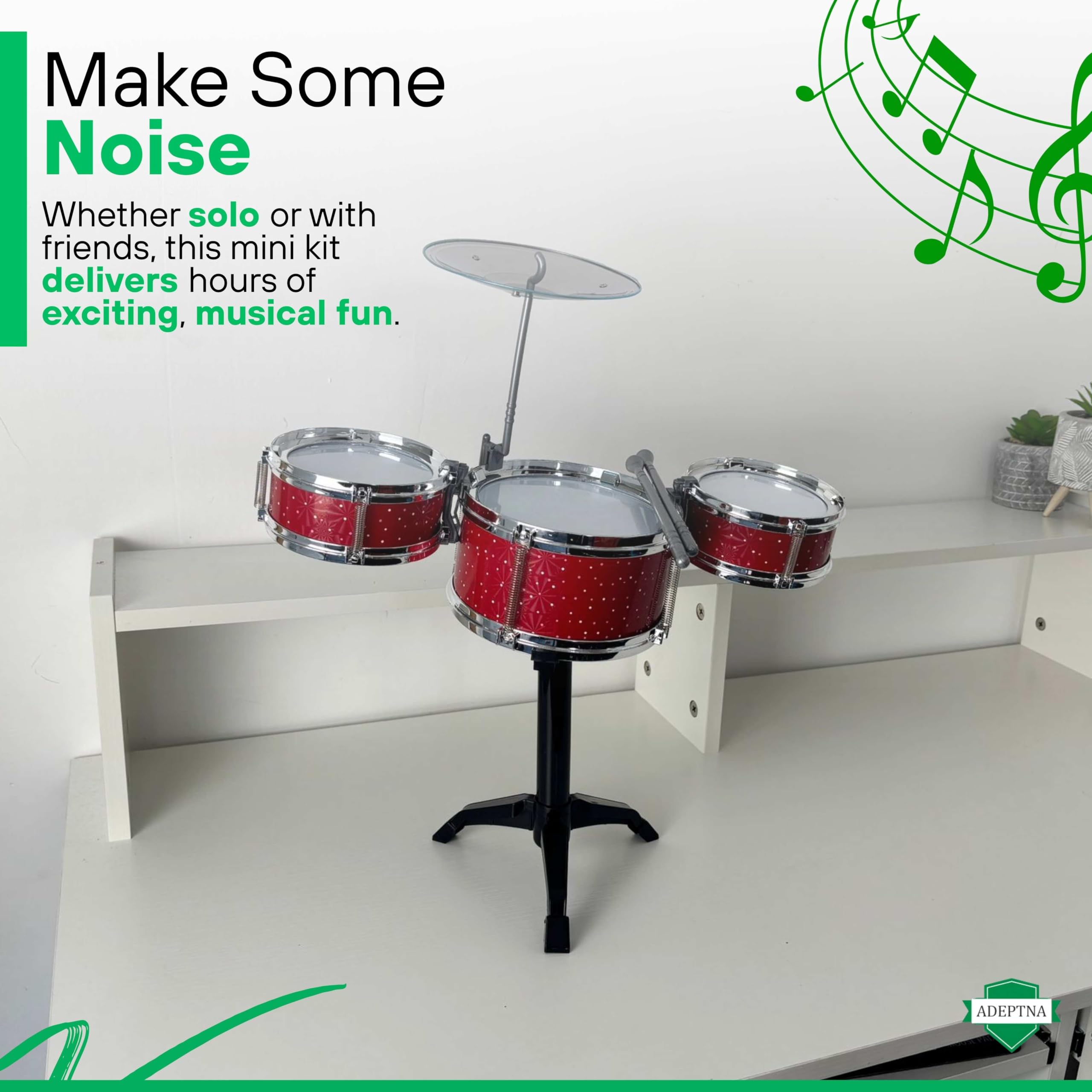 ADEPTNA Desktop Drum Kit Mini Tabletop Drum Set including 3 Drums Cymbal Drumsticks Fun Musical Toy for Adults & Kids Easy Assembly Stress Relief Hilarious Gift for Music Lovers - Image 3