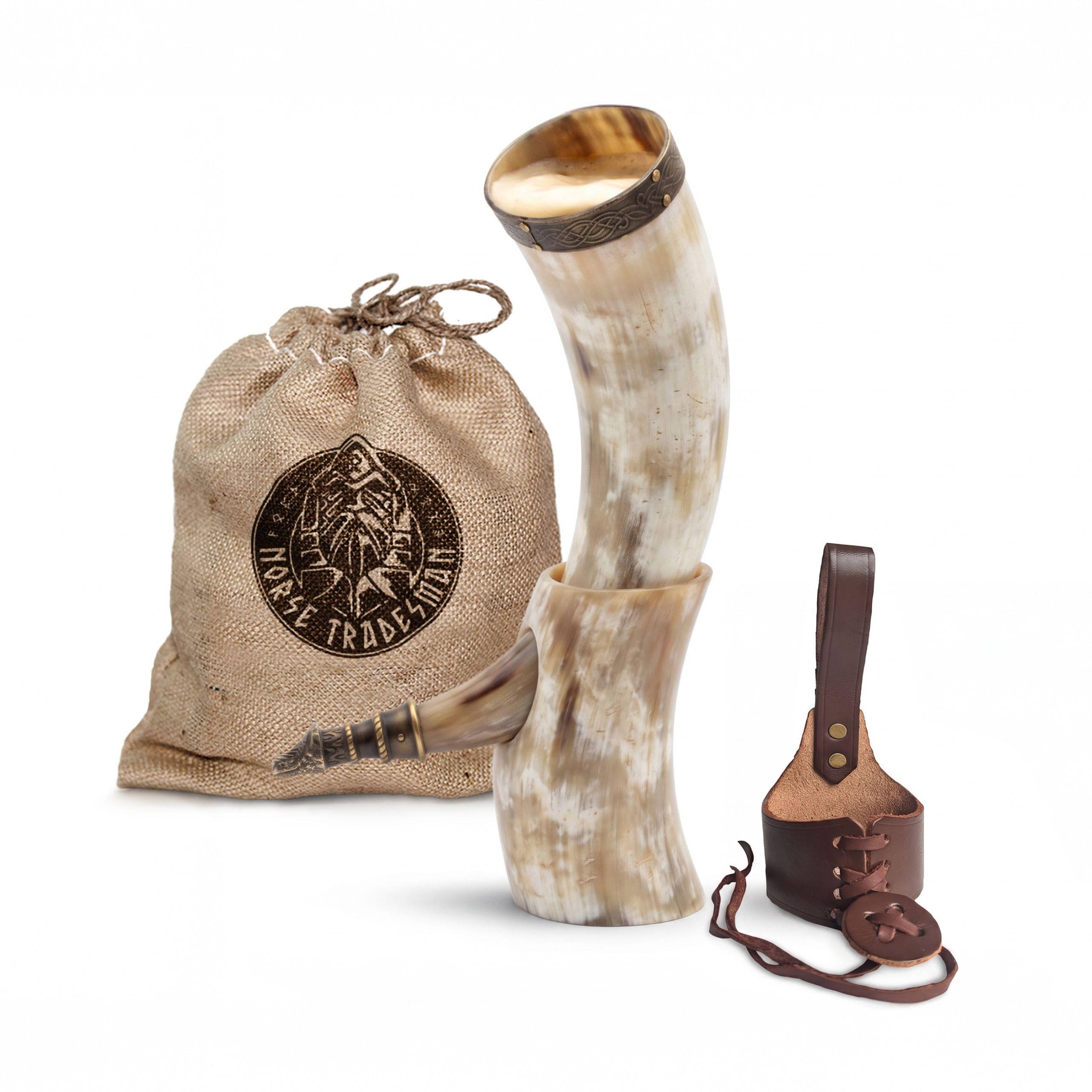Norse Tradesman Viking Drinking Horn, Holster &amp; Stand, Light Color, 12"