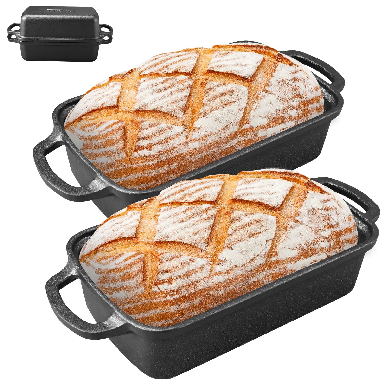2 in 1 Cast Iron Bread Pan with Lid 9×5 Inch - Loaf Bakeware for Sourdough & Sandwich Bread - Pre-Seasoned Dutch Oven Style - Heavy Duty with Even Heating