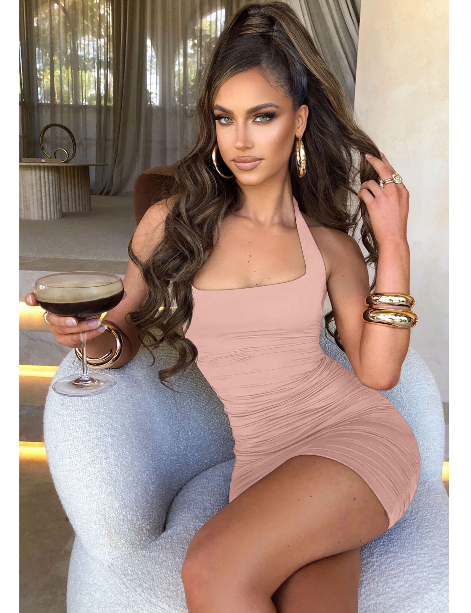 ZileZile Women's Sexy Bodycon Sleeveless Backless Ruched lace-up Cocktail Party Dresses Club Dress