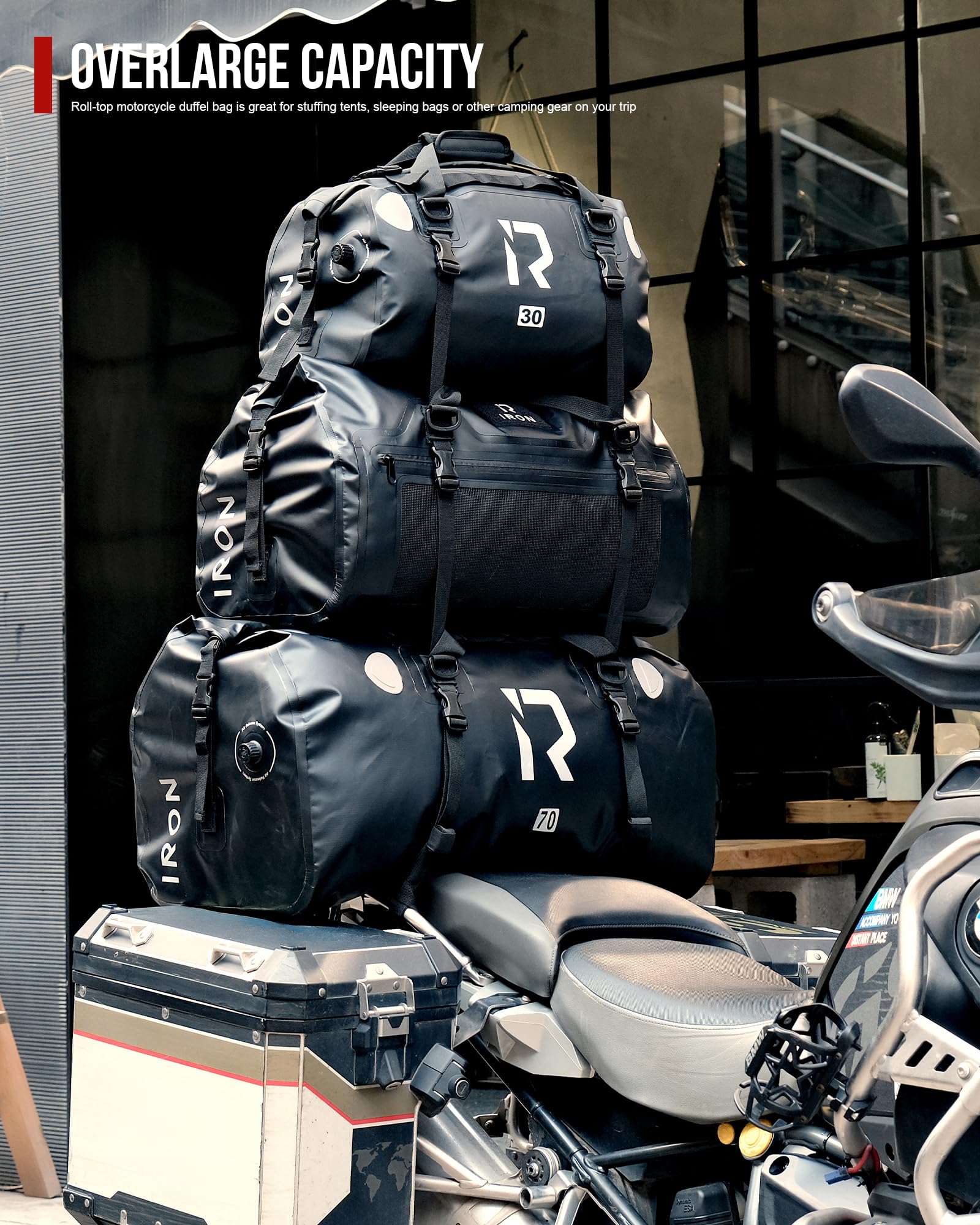 IRON JIA'S Motorradtasche Gepäckrolle wasserdichte Hecktasche Satteltasche Reisetasche 50L Schwarz