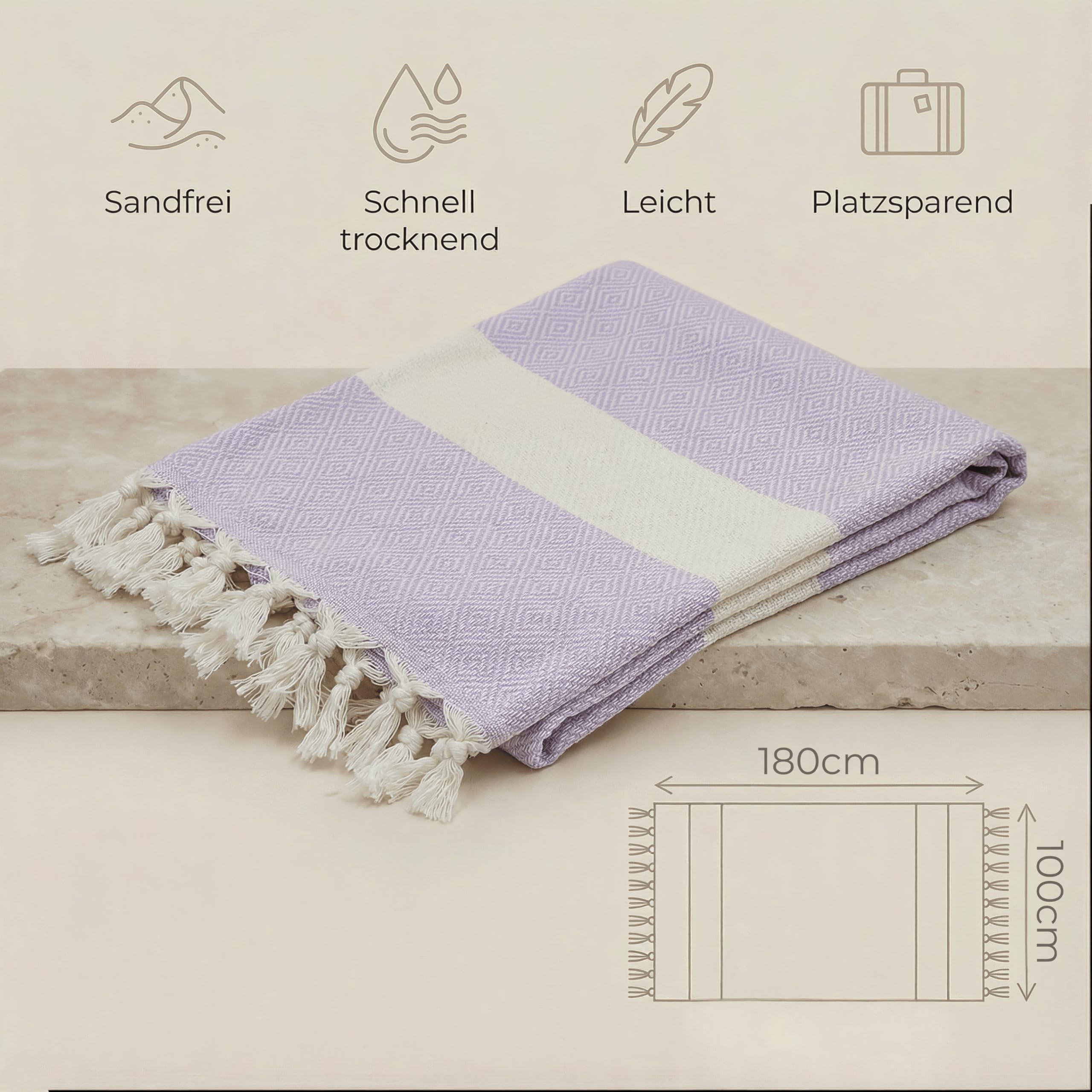 2X Hamamtuch 180x100 cm aus 100% Baumwolle – Saunatuch/Saunahandtuch & Strandtuch – Leicht, saugstark & schnelltrocknend – Peshtemal (Jeansblau und Fliederlila)