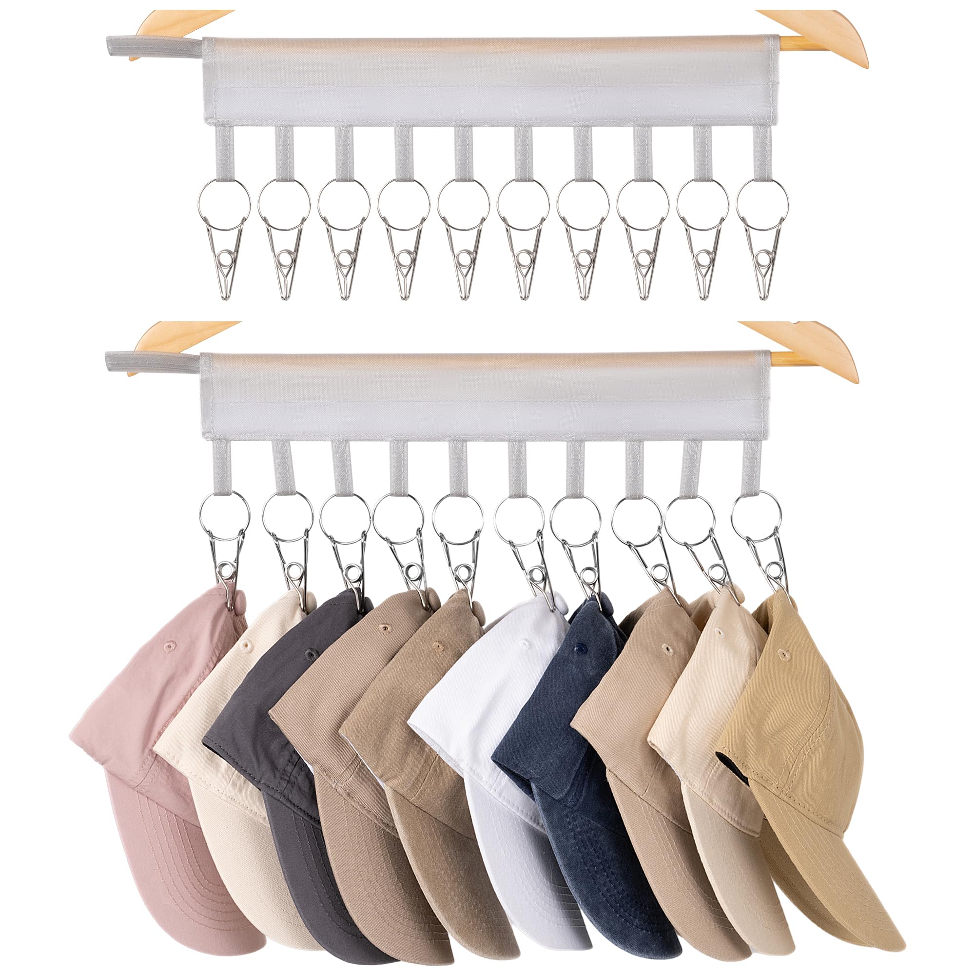 StorageWorks Hat Storage, Power Mesh Fabric Cap Organizer for Hangers and Closets, Hat Holder Fits All Caps, Set of 2 Baseball Hat Racks with 10 Stainless Steel Clips, Gray