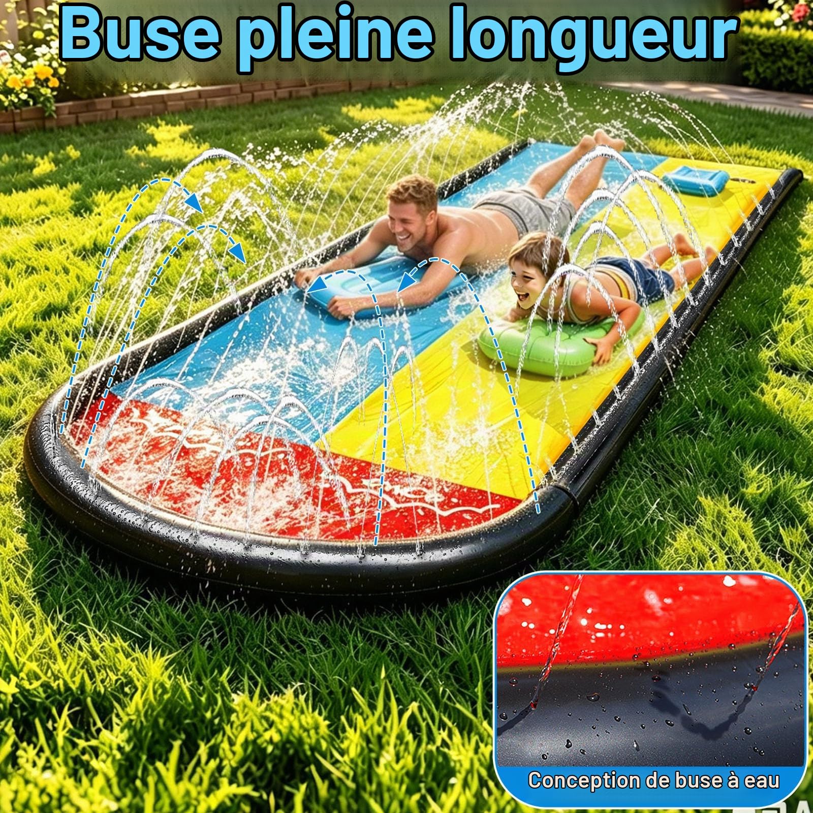 Jeux Piscine, Piscine Enfant, 2 Bodyboards, Aquaplay, Toboggan Gonflable, Ventre Glisse, Tapis Glisse Eau, Jouets d'été, Jouets Aquatiques d'extérieur, été (Jaune-Bleu 3, 468 cm)