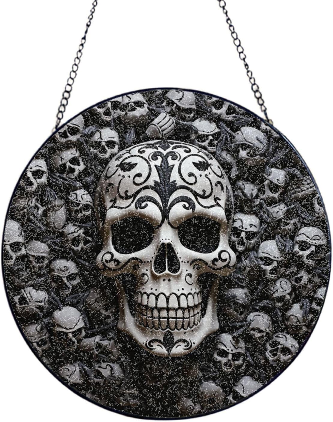 Stained Glass Window Hanging 6in（15cm）, Black and White Skulls Glass Suncatcher for Home Decor, Indoor Wall Art Glass Panel with Metal Chain and Hooks, Sun Catcher Ornament Birthday Gifts