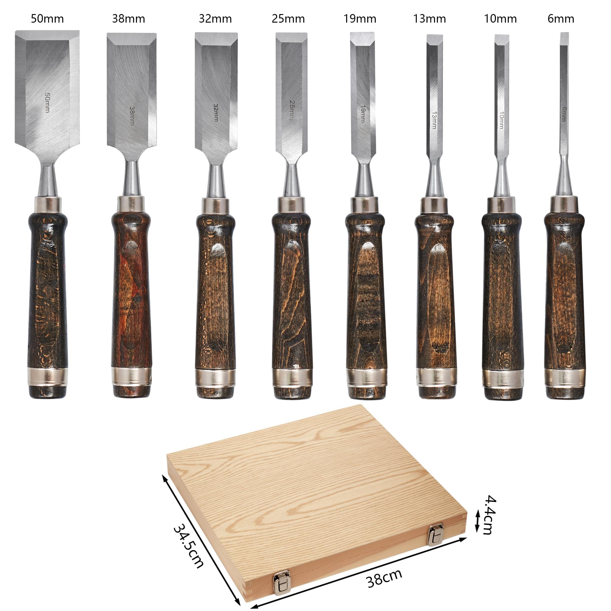 8 Stück Stechbeitel Set Für Holz, Stemmeisen Schleifstein Set, Holzbearbeitungswerkzeuge Holzschnitzerei Hand Meißels Werkzeug Holzbearbeitung Schwarznuss mit Schärfgerät Holzmeißel Chisels Set