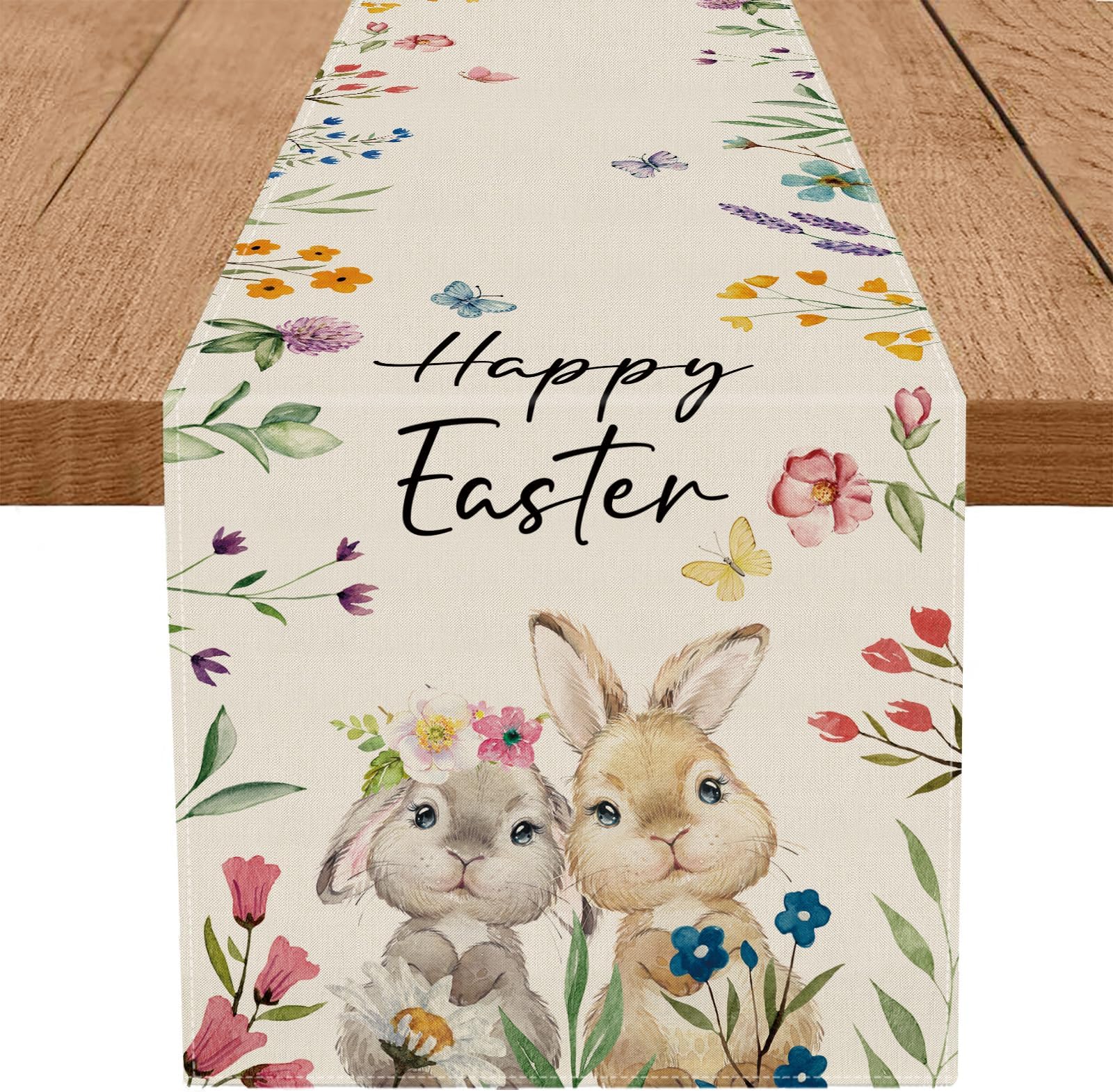 GPGHE Happy Easter Table Runner Bunny Floral Butterfly Spring Holiday Farmhouse Kitchen Indoor Outdoor Decoration 13 x 72 Inch