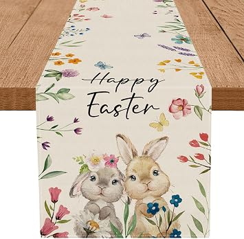 GPGHE Happy Easter Table Runner Bunny Floral Butterfly Spring Holiday Farmhouse Kitchen Indoor Outdoor Decoration 13 x 36 Inch