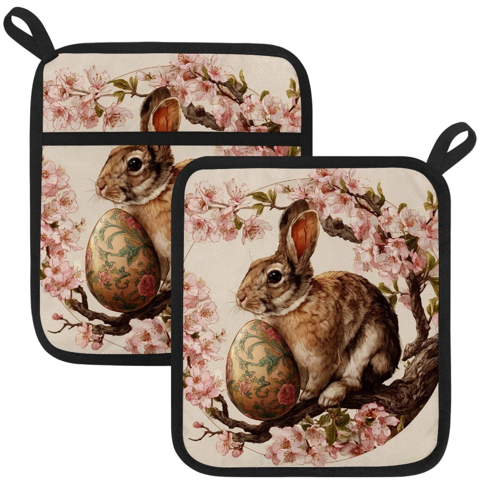 VAPOKF Cherry Blossom Bunny Kitchen Hot Pot Holder, Pot Holders Heat Resistant Pot Holder with Pocket Heat Resistant Trivets for Hot Pans Cotton Pot Mitts for Kitchen Cooking Baking