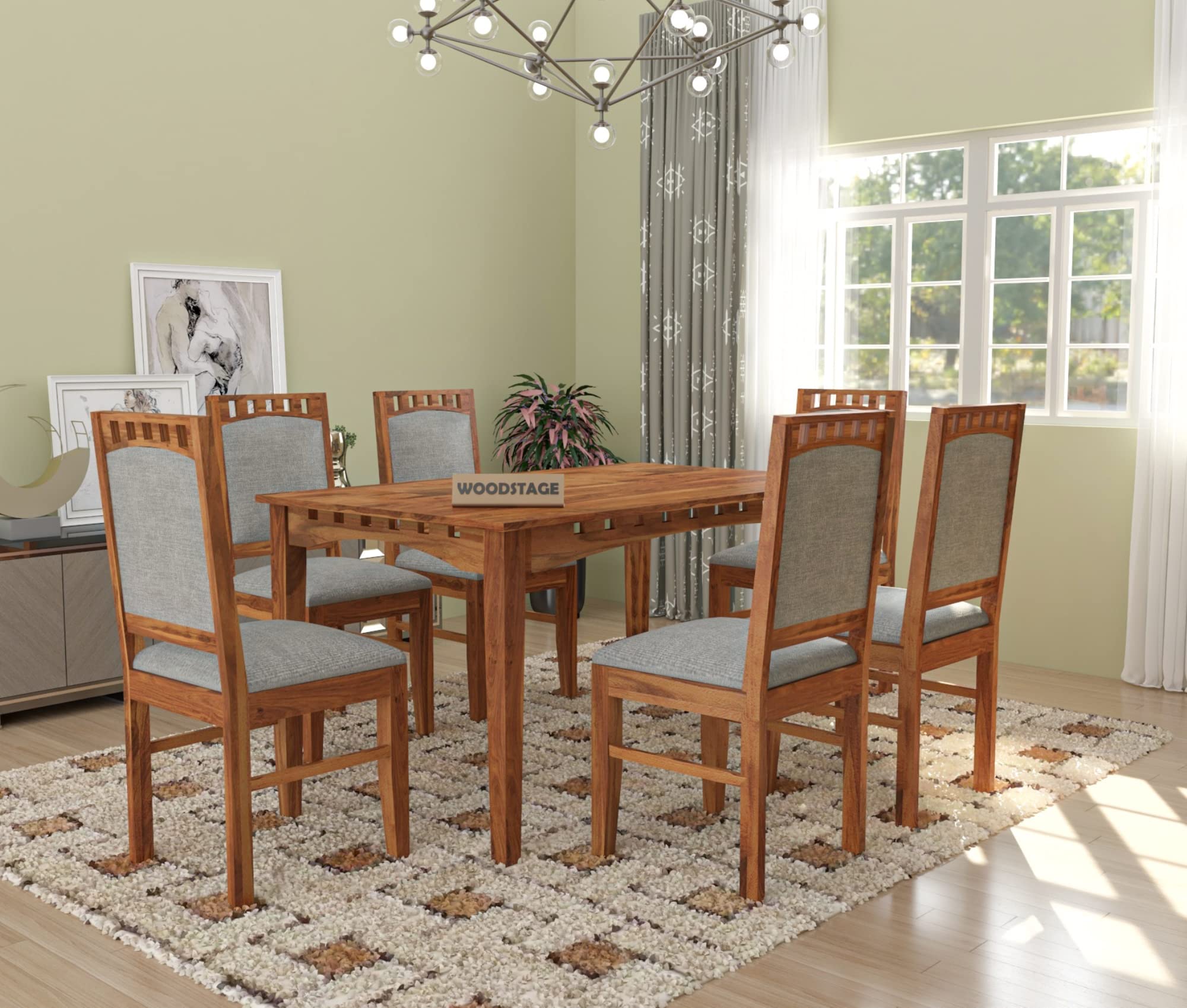 Buy WOODSTAGE Solid Sheesham Wood 6 Seater Dining Table Set with 6 ...