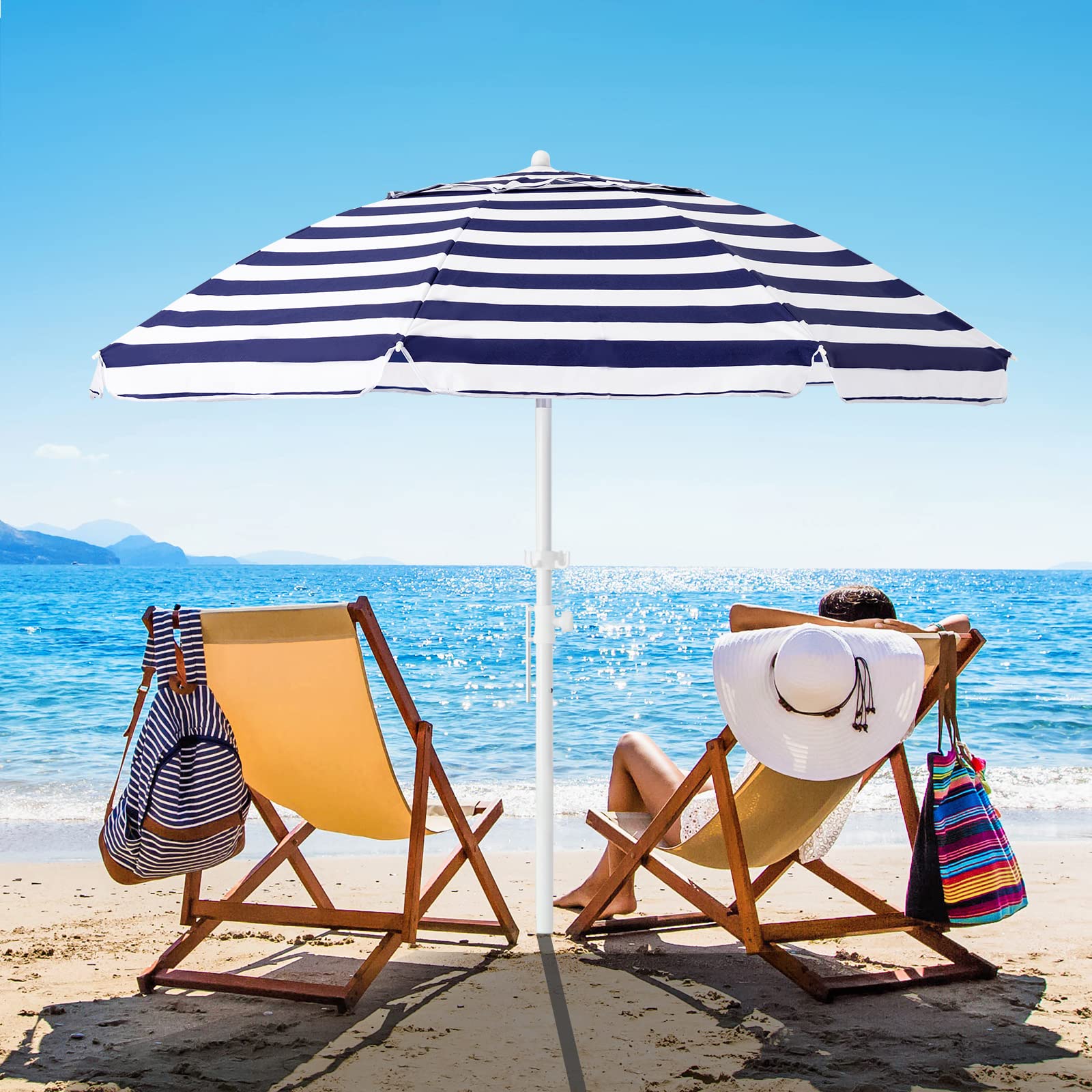 Bumblr 7.5ft Beach Umbrella with Sand Anchor & Tilt Mechanism Outdoor Sunshade Portable Umbrella with Carry Bag Wind Resistant UV Protection for Sand Heavy Duty Beach Garden Outdoor, Navy White Stripe