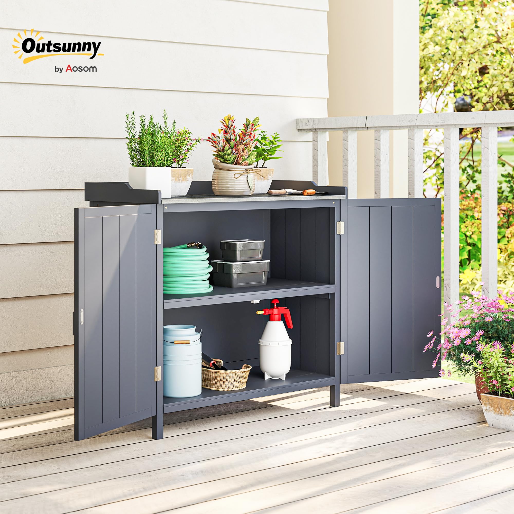 Outsunny Armoire de Rangement de Jardin sur Pied avec Double Porte Gris | Table de Rempotage 2 en 1, Étagère Intégrée, Plateau en Métal Galvanisé