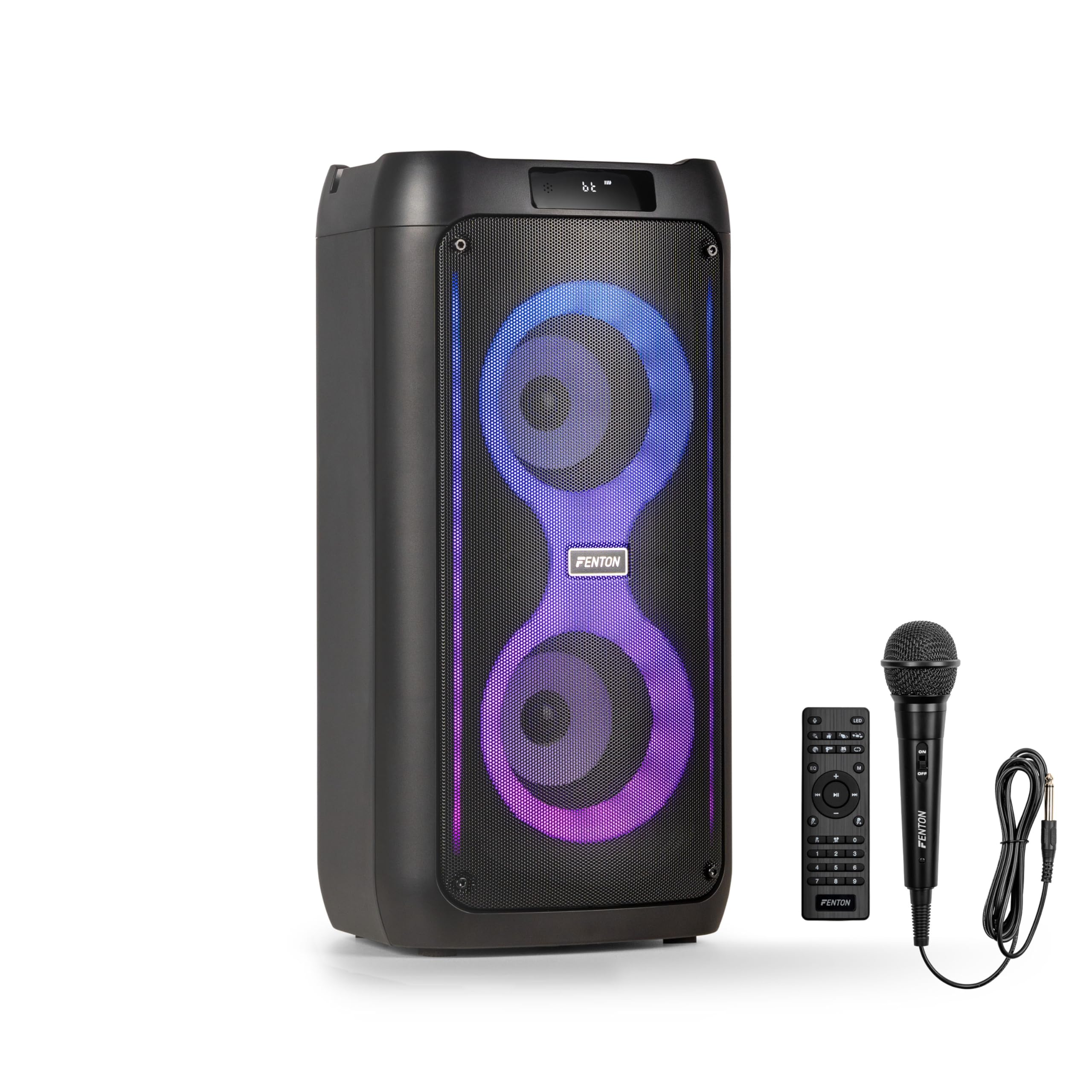 Fenton Core80 Portable Bluetooth Speaker 80 W, Rechargeable Battery 12 hrs, Karaoke Microphone, Bluetooth 5.3, Remote Control, Party Speaker, Stereo Pairing - Black