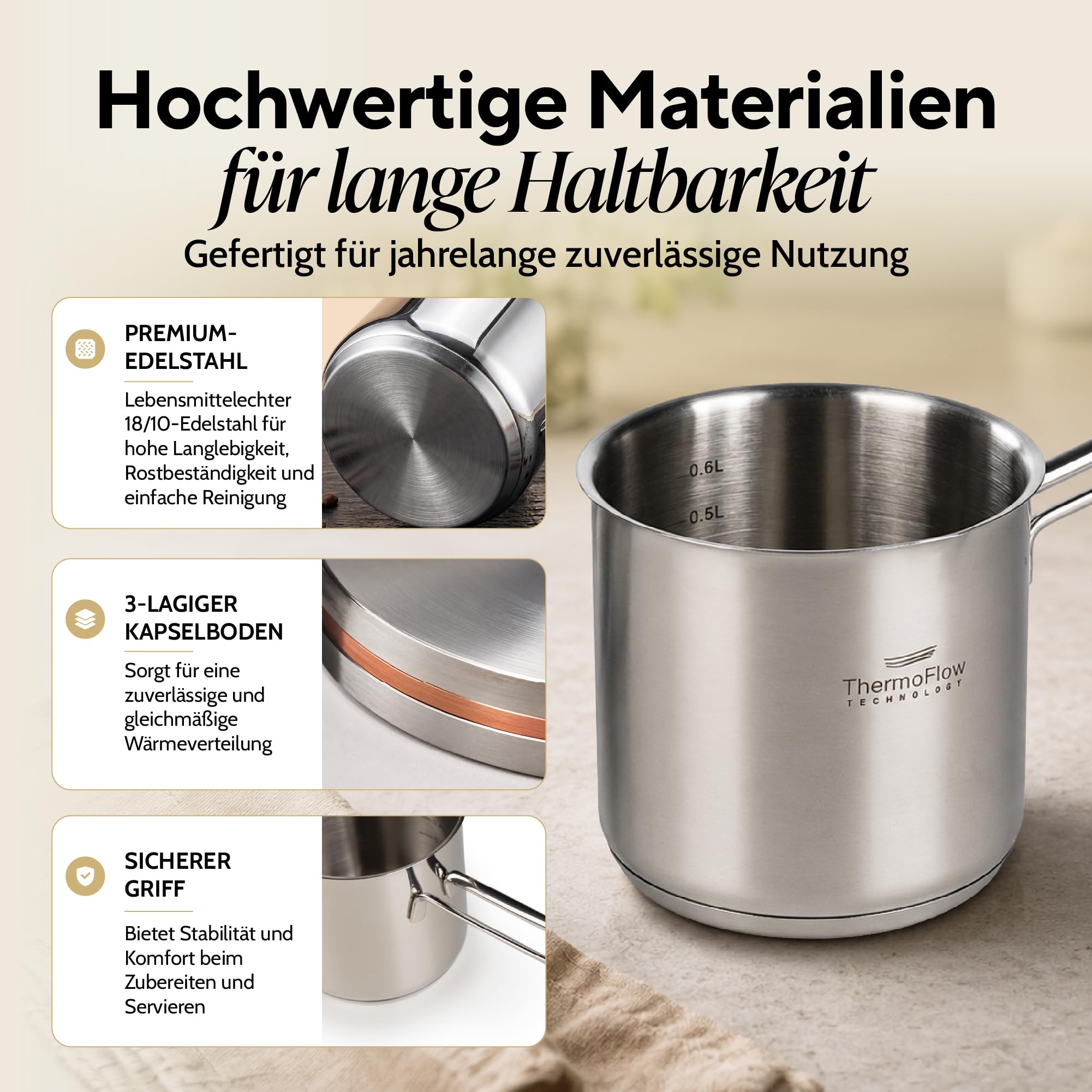 ROSMARINO Edelstahl-Induktions-Mokka-Kanne 900 ml – Türkische Cezve-Kaffeekanne aus 18/10 Edelstahl mit 3-lagigem Thermoboden, Spülmaschinengeeignet