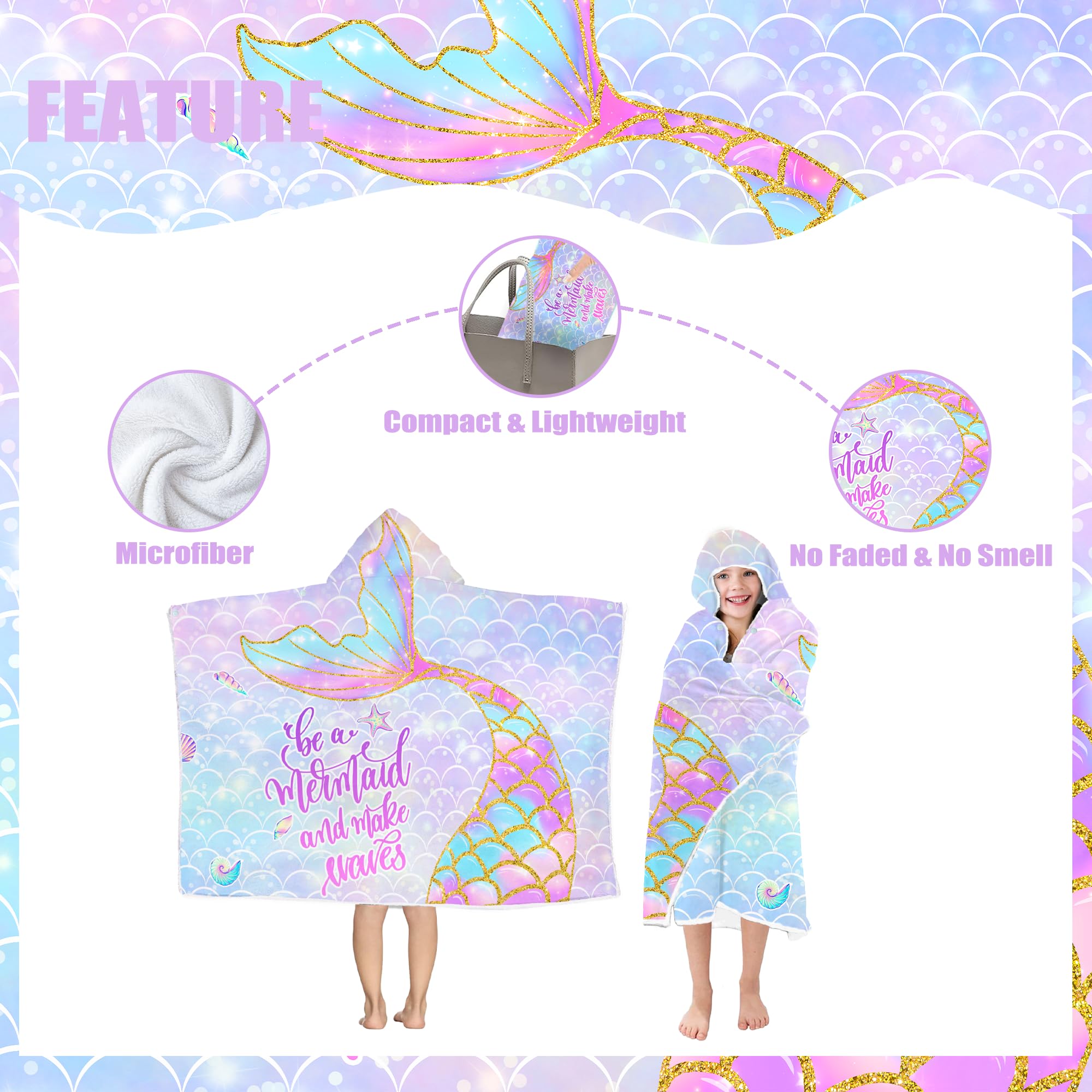 Toalla de playa con capucha de sirena, cola de sirena, poncho con capucha para niñas, suave y absorbente, color rosa con capucha para niños pequeños de 30 x 50 pulgadas, albornoz con capucha para baño