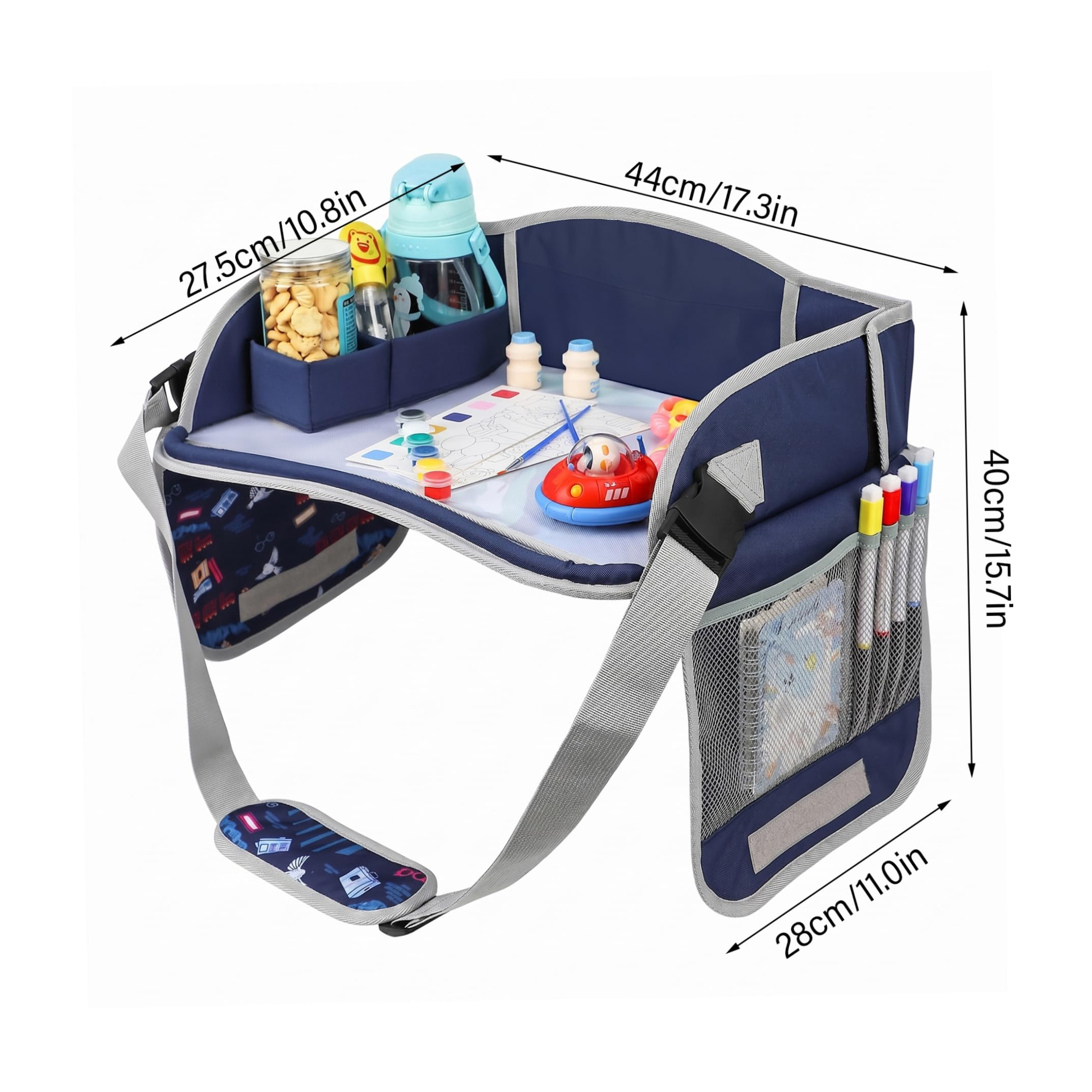 Tavolo per seggiolino auto per bambini, grande vassoio da viaggio regolabile per bambini compatibile con touchscreen in tessuto pieghevole con scomparti portaoggetti, blu