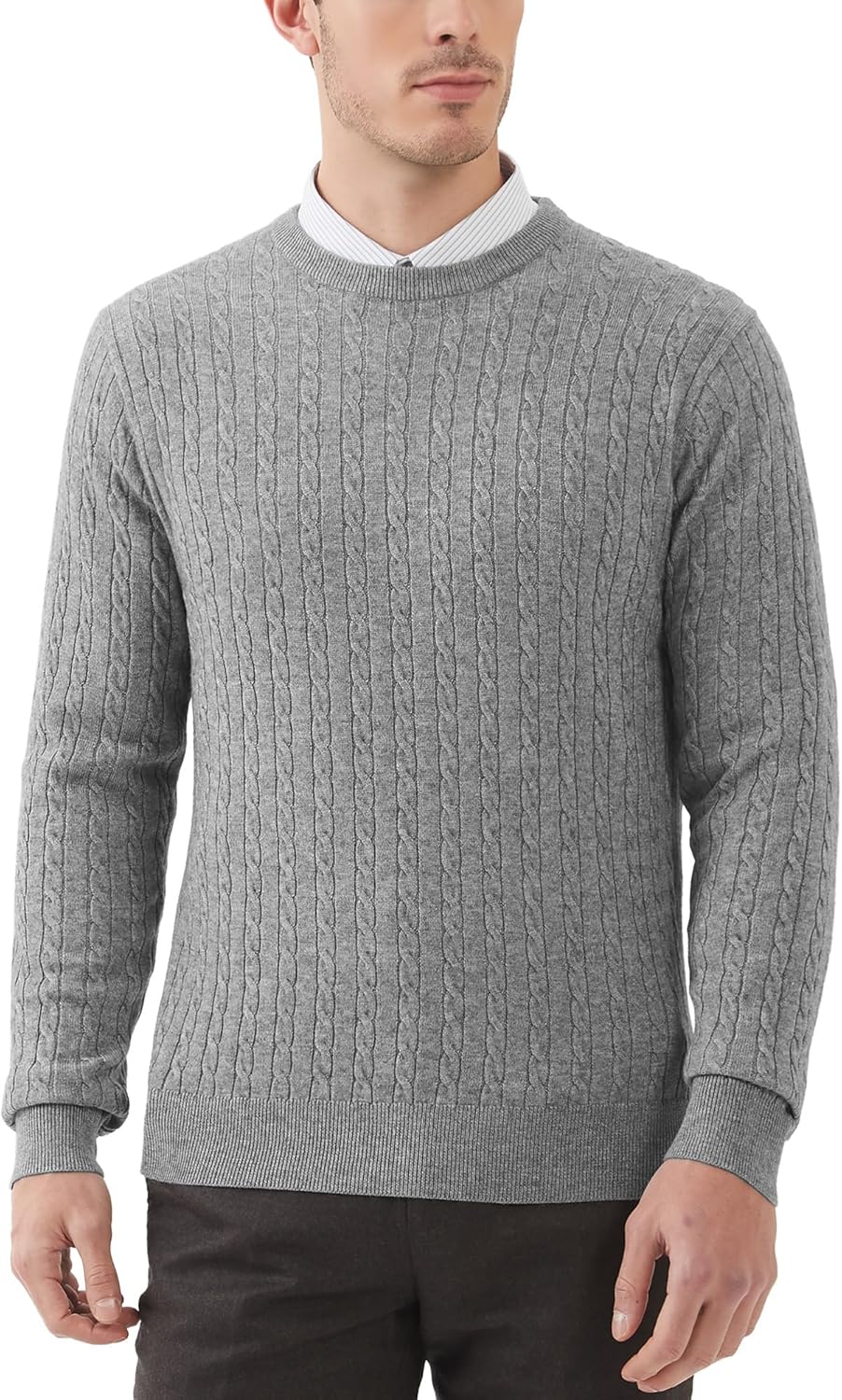 Kallspin Men's Cable Knit Crewneck Sweater Pullovers Wool Blend Relax Fit Knitwear