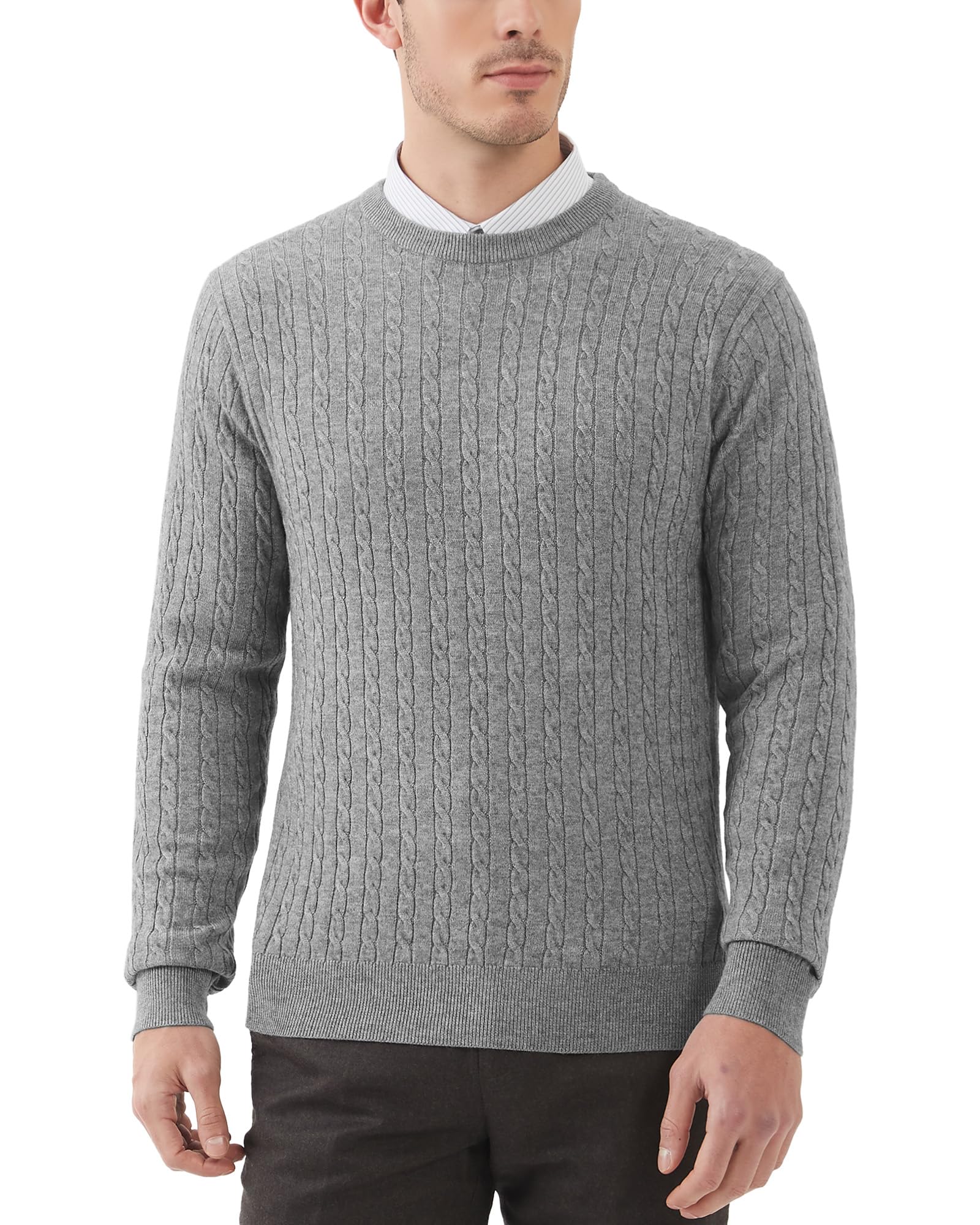Kallspin Men's Cable Knit Crewneck Sweater Pullovers Wool Blend Relax Fit Knitwear