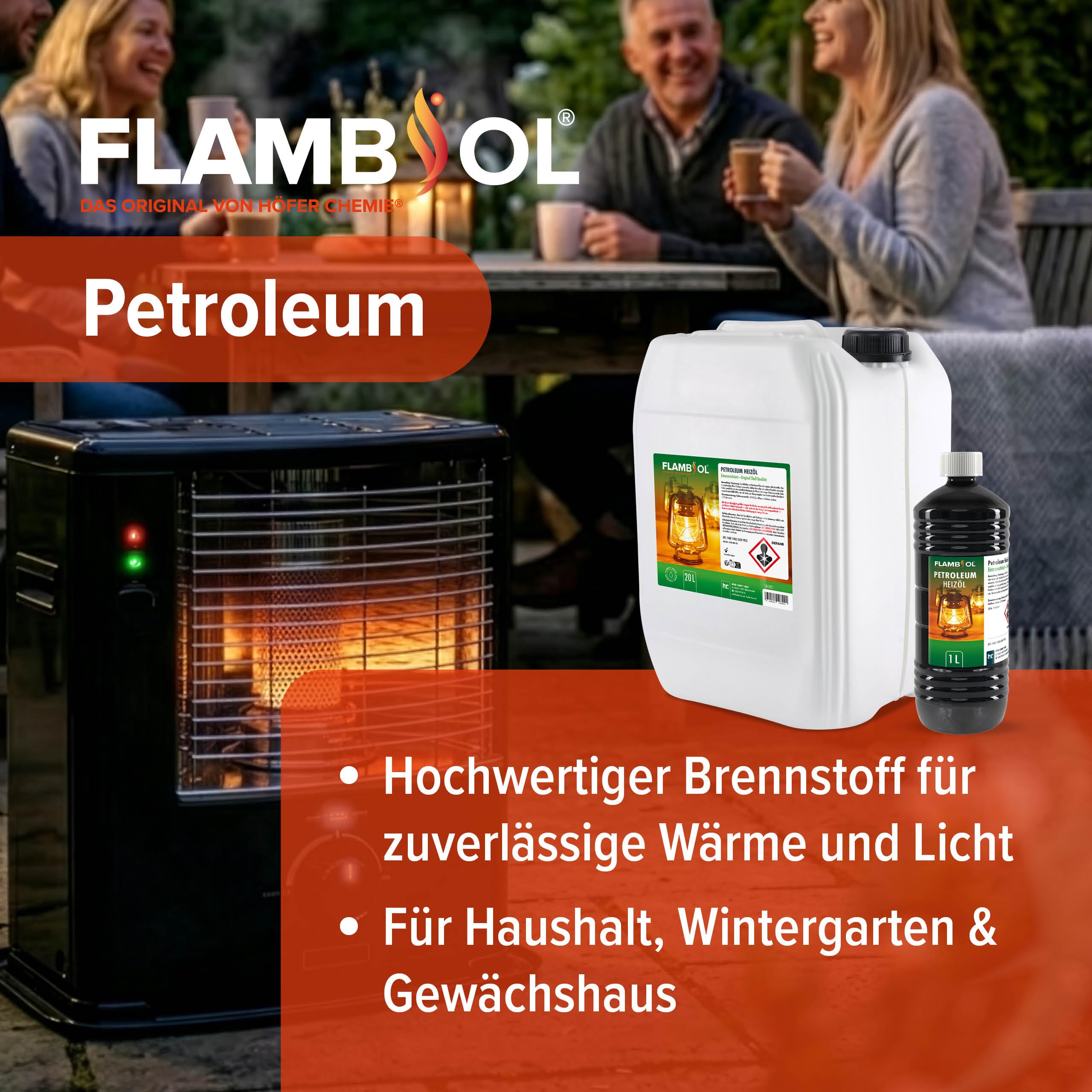 Höfer Chemie FLAMBIOL Gereinigtes Petroleum 1 x 20L Heizöl - Entaromatisierte Qualität - Für Campingheizung, Petroleumlampe & Grillanzünder - Rußfreie Verbrennung