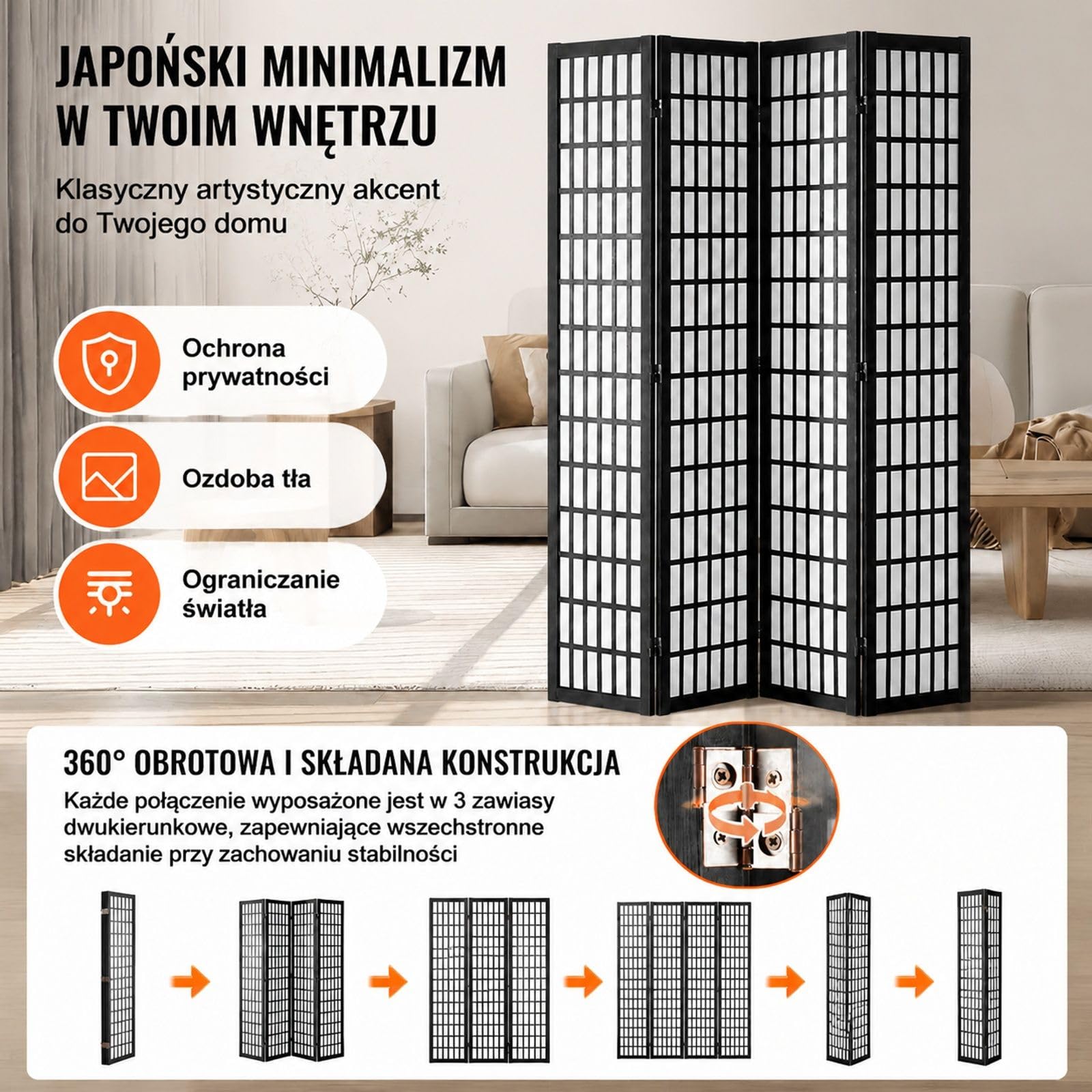 Parawan pokojowy 4 panele, japoński styl, drewniany składany ekran do domu i biura
