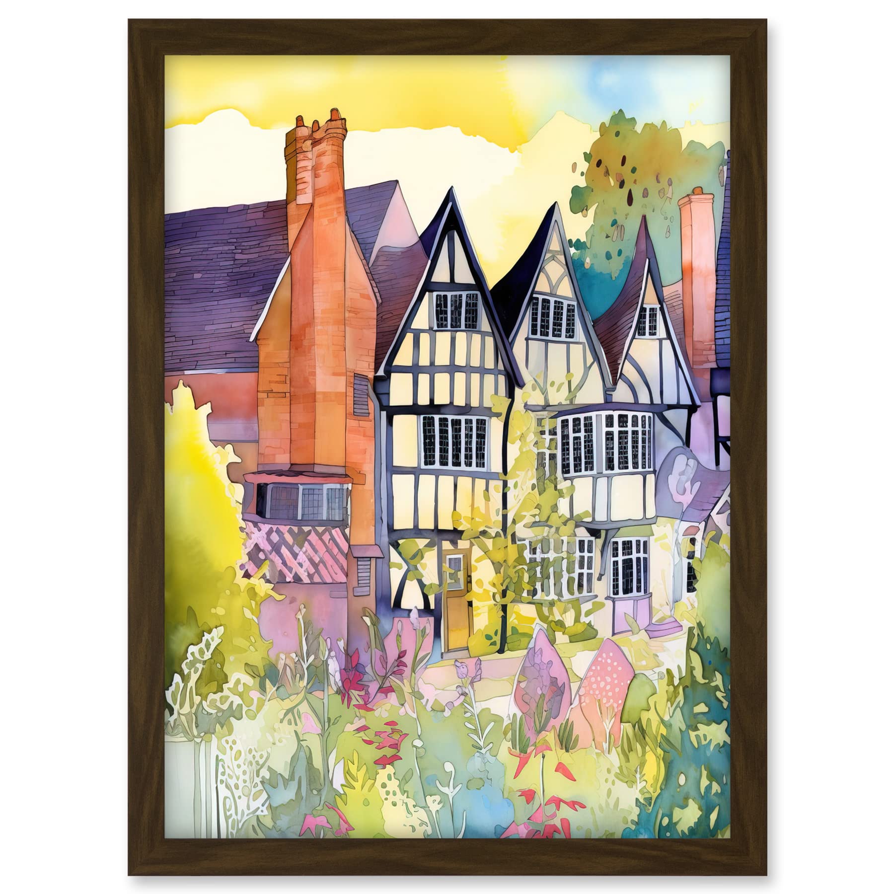 Artery8 Sunrise Over Tudor Houses and Spring Blossoms Modern Watercolour Painting Artwork Framed A3 Wall Art Print