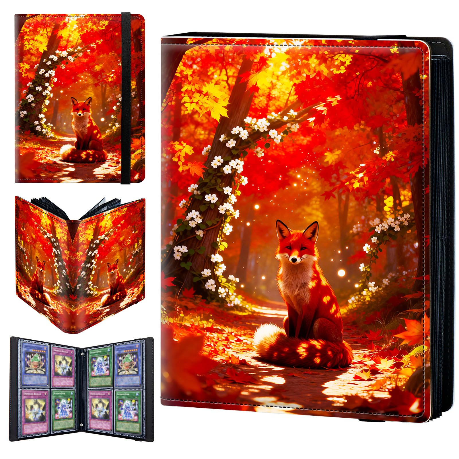 4 Pocket Trading Card Binder 240 Side Loading Pocket Album with Maple Forest Fox Pattern Design Card Binder for Sports Cards & Game Cards