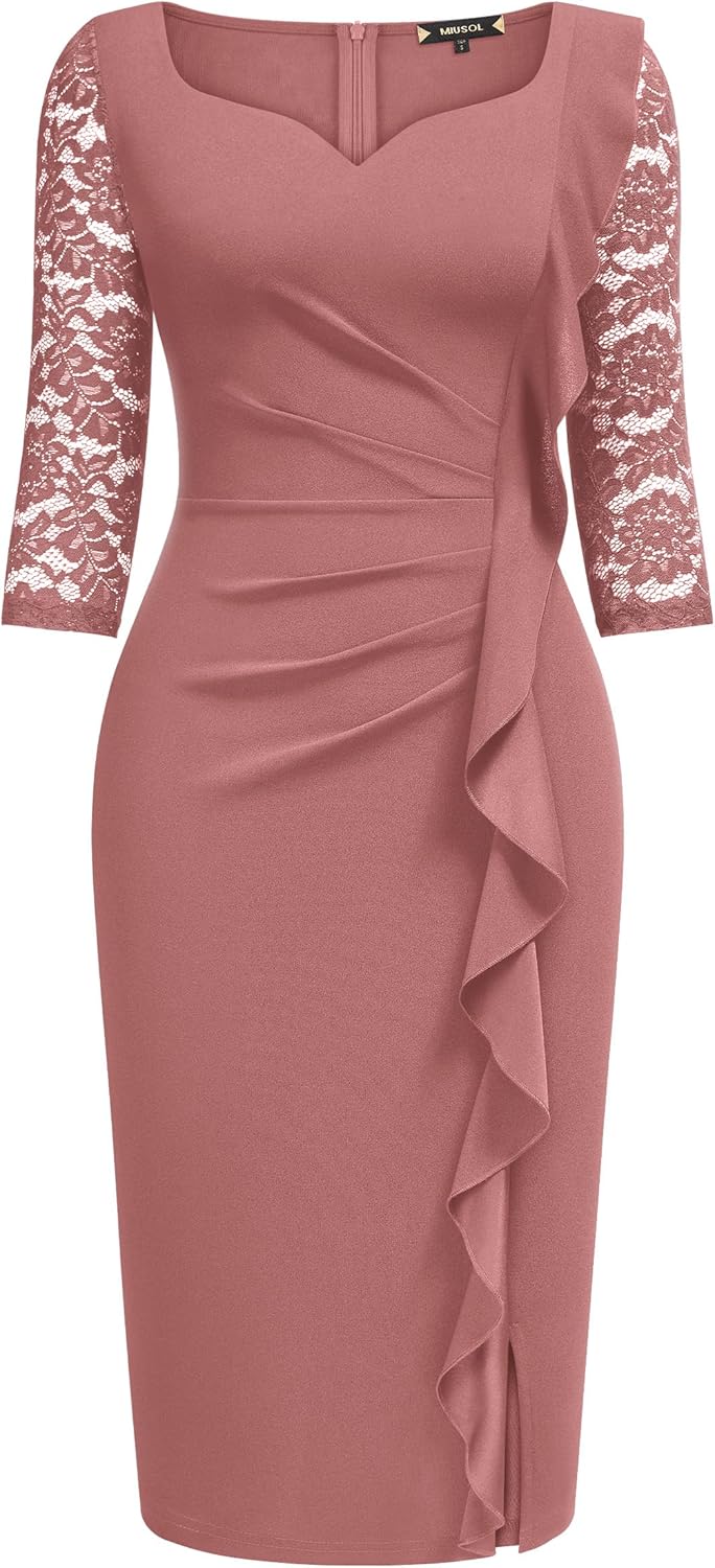 Miusol Women's Classy V-Neck Floral lace 3/4 Sleeve Cocktail Party Dress - Image 5