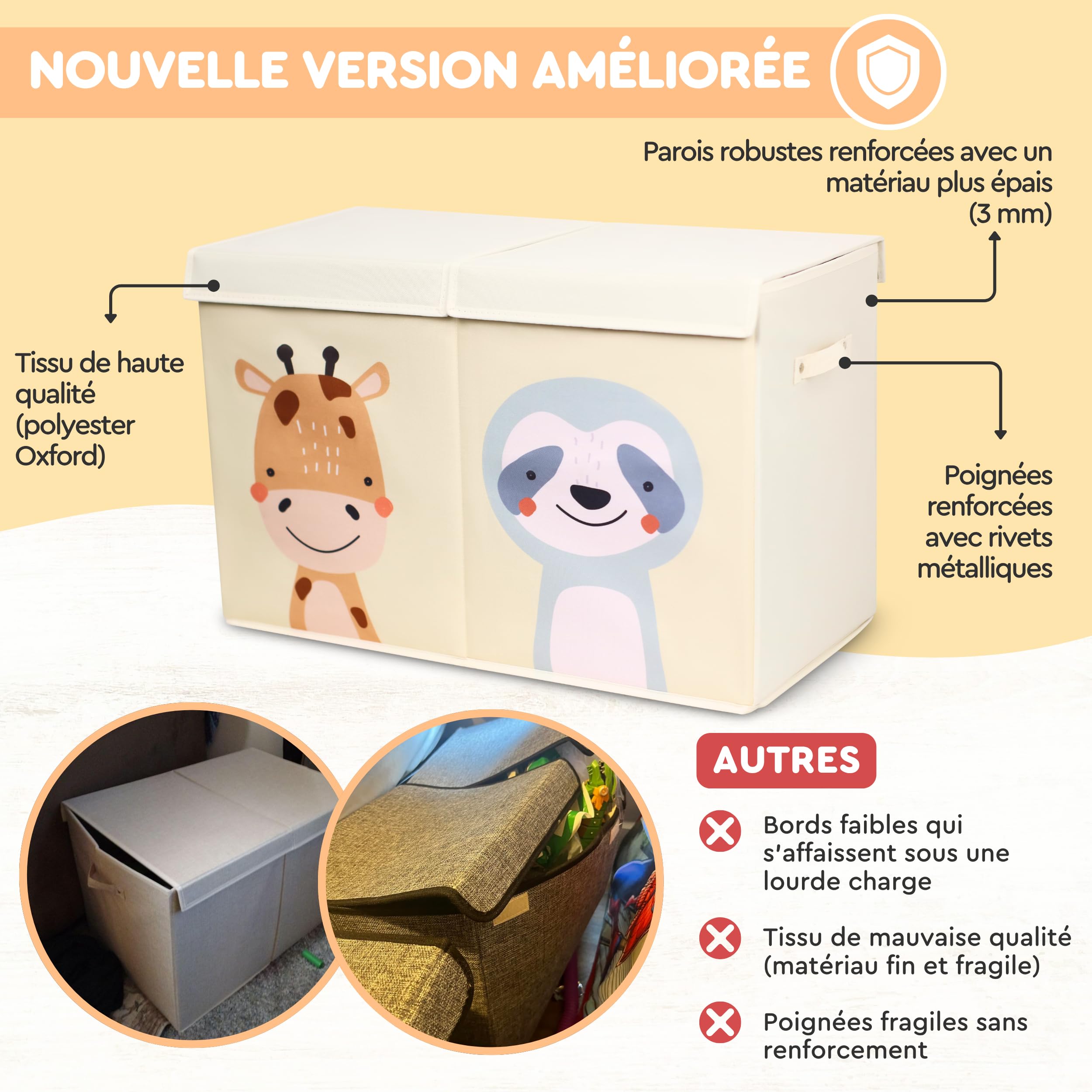 Boîte de Rangement pour Jouets pour Enfant Pliable Beige, 78 Litres et Double Couvercle. Coffre de Rangement Enfant en Tissu Oxford. Grand Coffre, Bac ou Caisse. Ne Convient pas pour S’asseoir