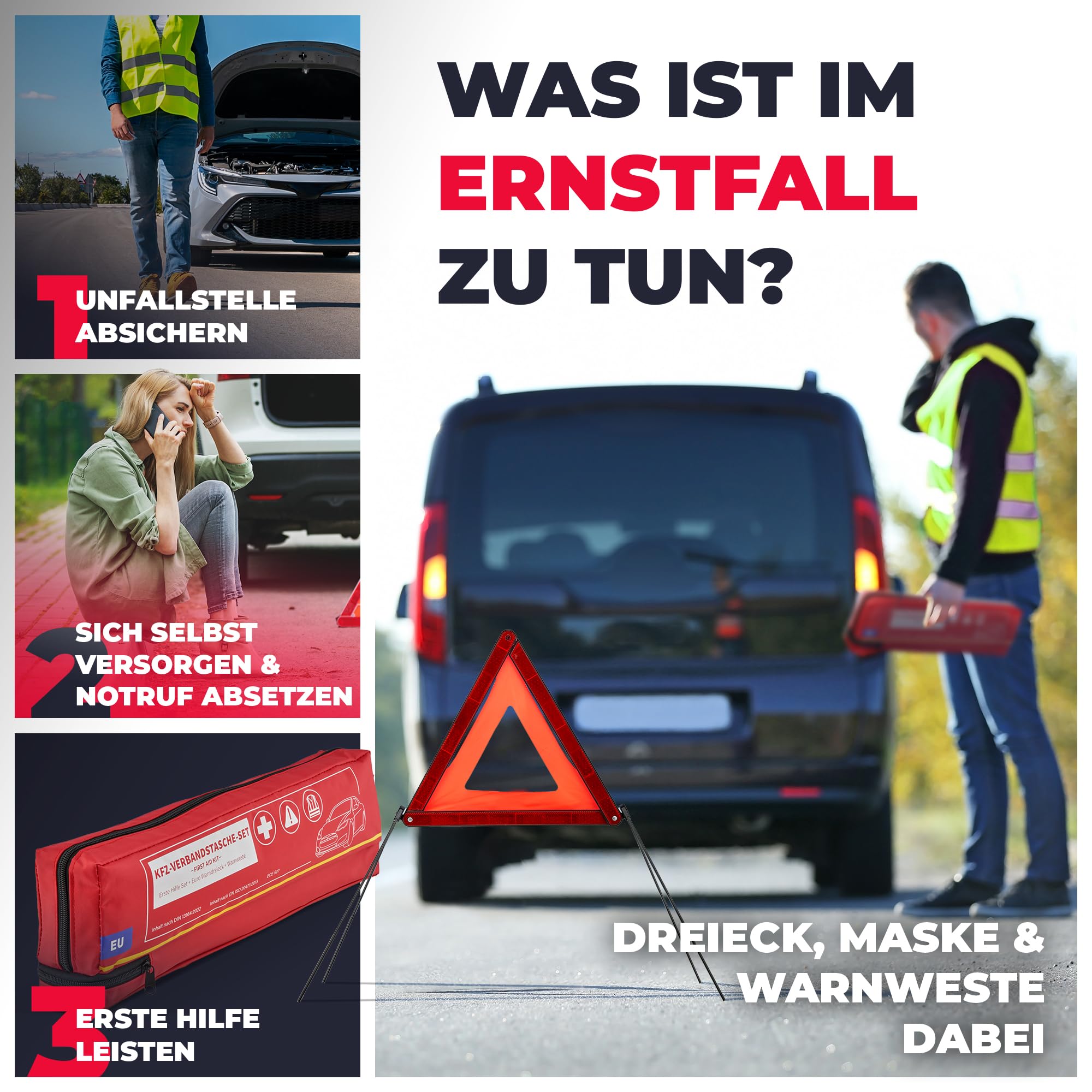 Smart-Planet Trousse de premiers secours pour voiture - 47 pièces - Conforme à la norme allemande StVO - Utilisable dans toute l'Europe - Sac combiné - Triangle de signalisation