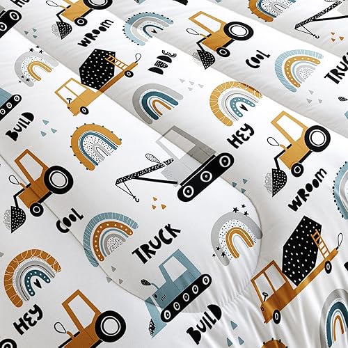 Miniatura 5 de Juego de edredón de construcción para niños, tamaño individual, ropa de cama retro con acuarela para niños, niñas, adolescentes, vehículo excavador,